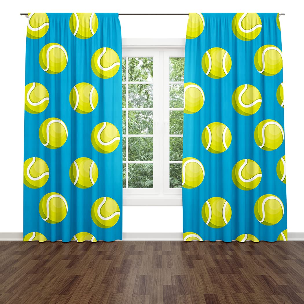 Tennis Ball Cartoon Window Curtains - Green & Yellow Abstract Court Design, Rod Pocket Drapes for Living Room & Bedroom, 21x63 Inches, 2 Panels - Perfect for Sports Themed Decor & Kids Room