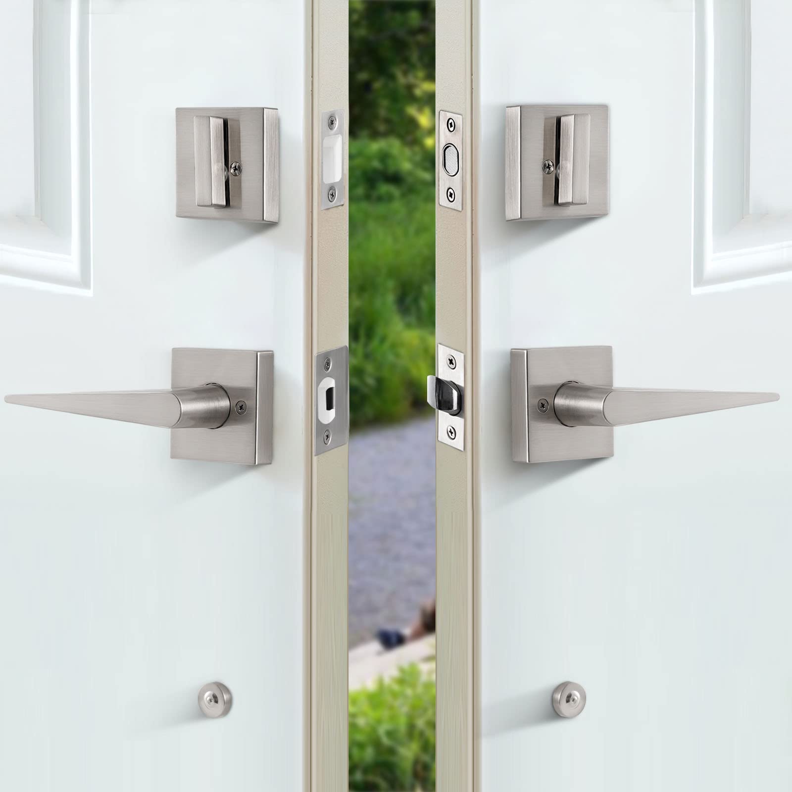 Heavy Duty Double Door Handleset with Dummy Handle - Satin Nickel Front Entry Lever Lock Set S117 for Home & Office Security | Perfect for Front Doors, Bedrooms, and Office Entrances