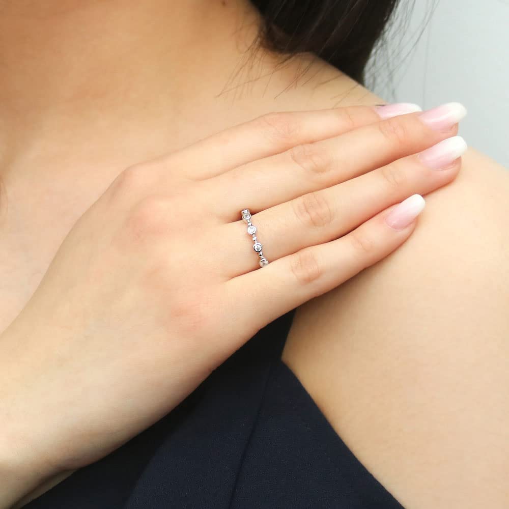 Sterling Silver Cubic Zirconia Wedding Band for Women - Round Cut CZ Bubble Ring with Bezel Setting, Rhodium Plated Size 4-10 - Perfect for Anniversary, Engagement & Everyday Elegance