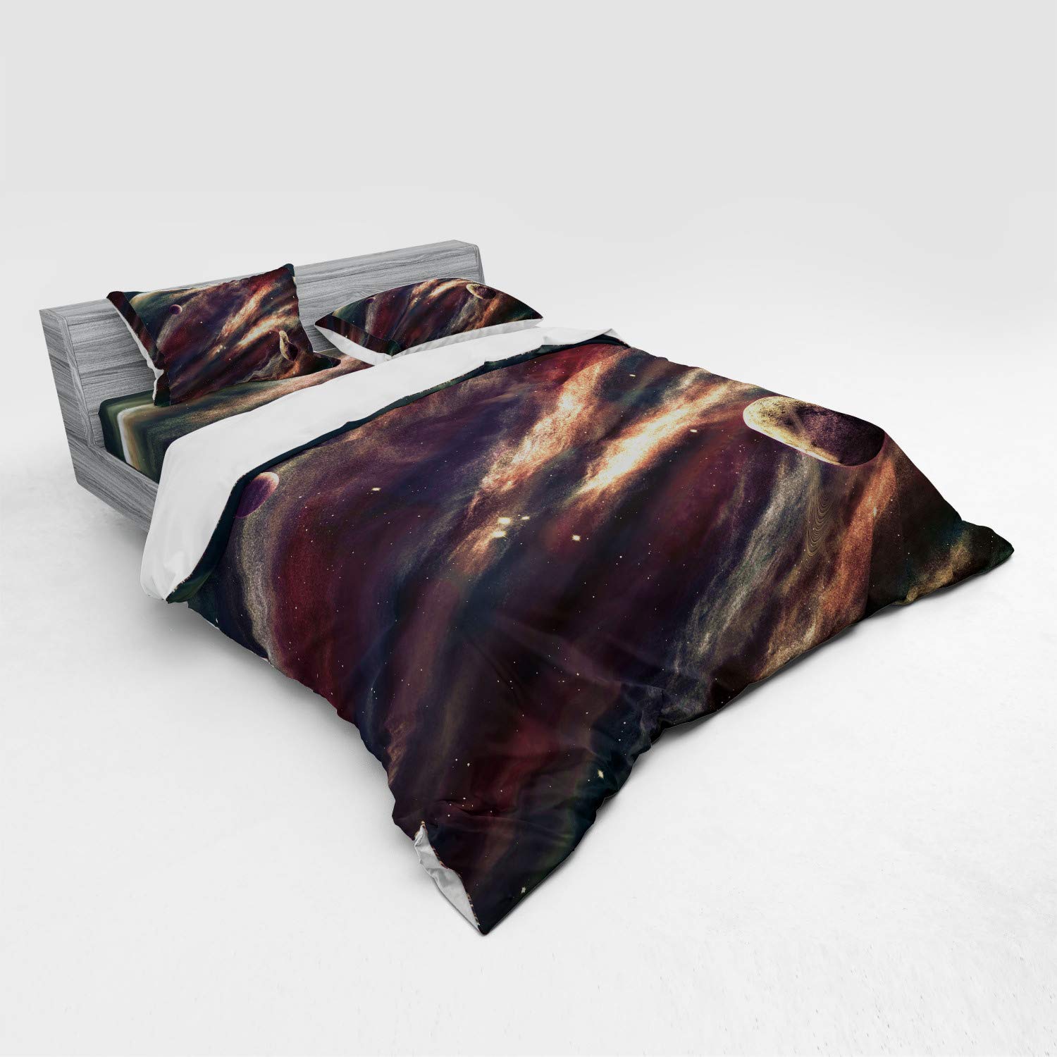 Ambesonne Outer Space Bedding Set - King Size 4-Piece Duvet Cover with Shams & Fitted Sheet | Planets, Nebula & Galaxy Star Print in Dried Rose Ivory | Perfect for Astronomy Lovers & Sci-Fi Themed Bedrooms