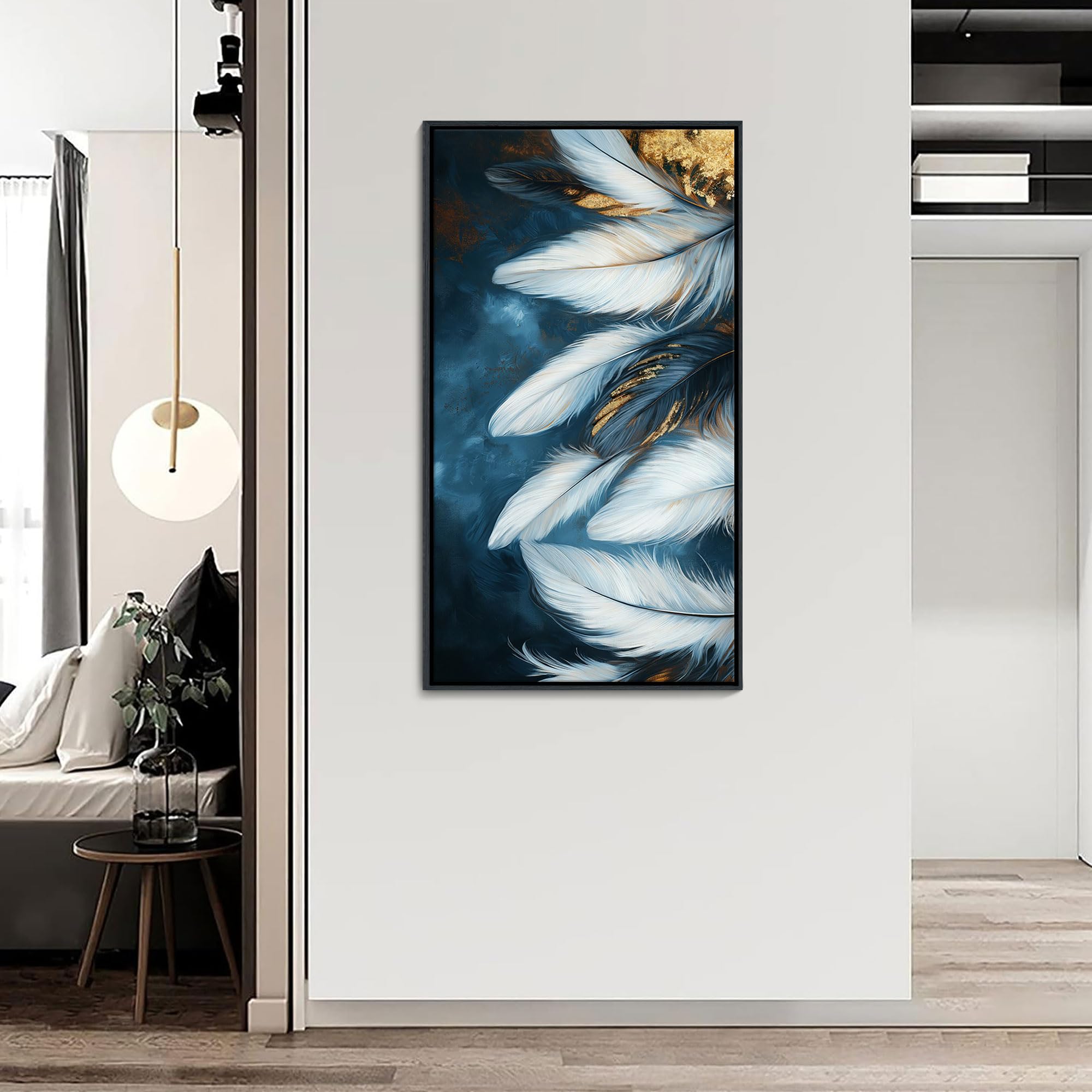 Blue and Gold Framed Wall Art - Navy Blue Feather Canvas Painting 24×48IN, Elegant Living Room & Bedroom Decor, Perfect Above Bed or Sofa for Modern Home Aesthetic