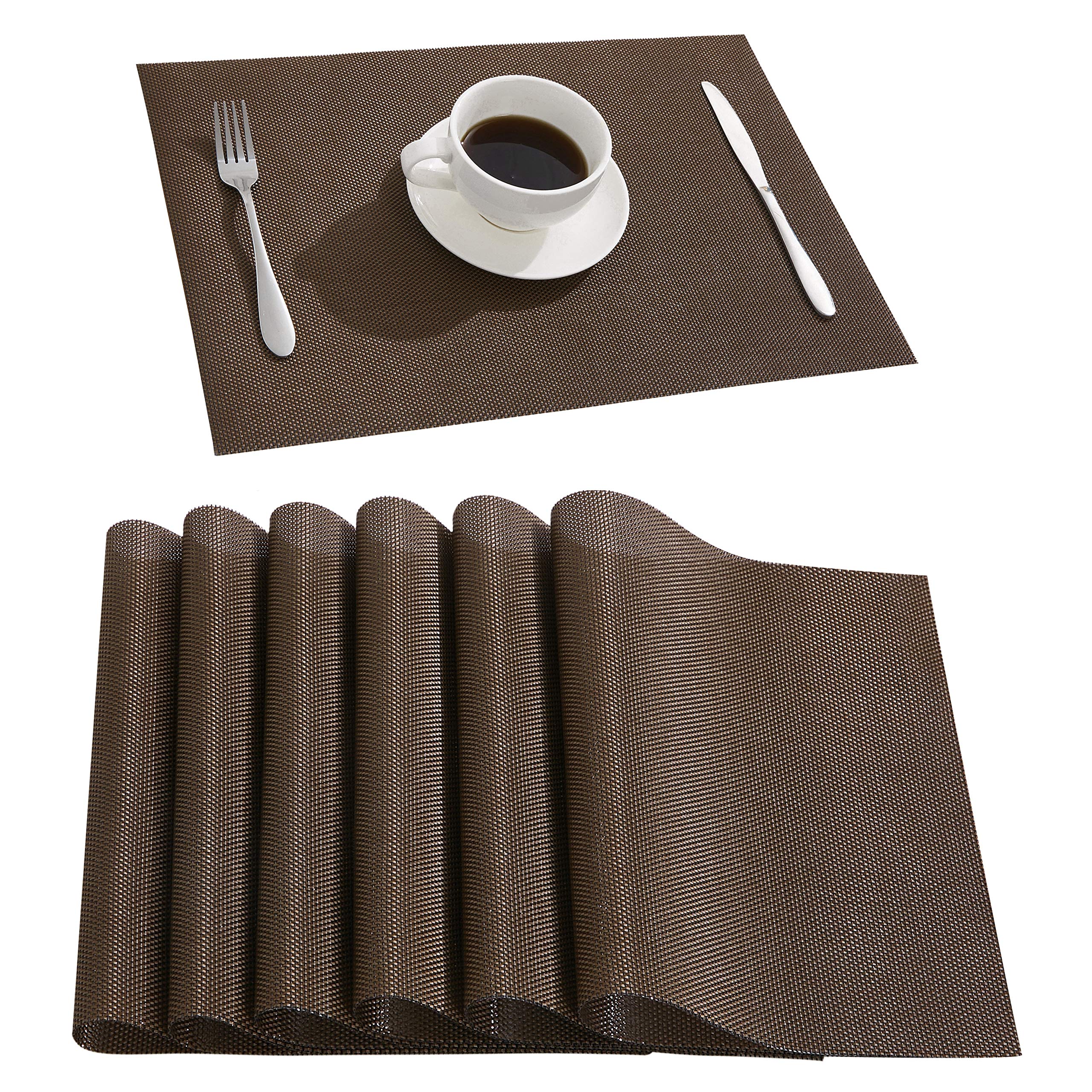 DOLOPL Brown Waterproof Placemats Set of 6 - Crossweave Woven Vinyl Laminated Table Mats - Heat Resistant & Easy to Clean - Perfect for Dining Tables, Kitchen Countertops & Outdoor Picnics