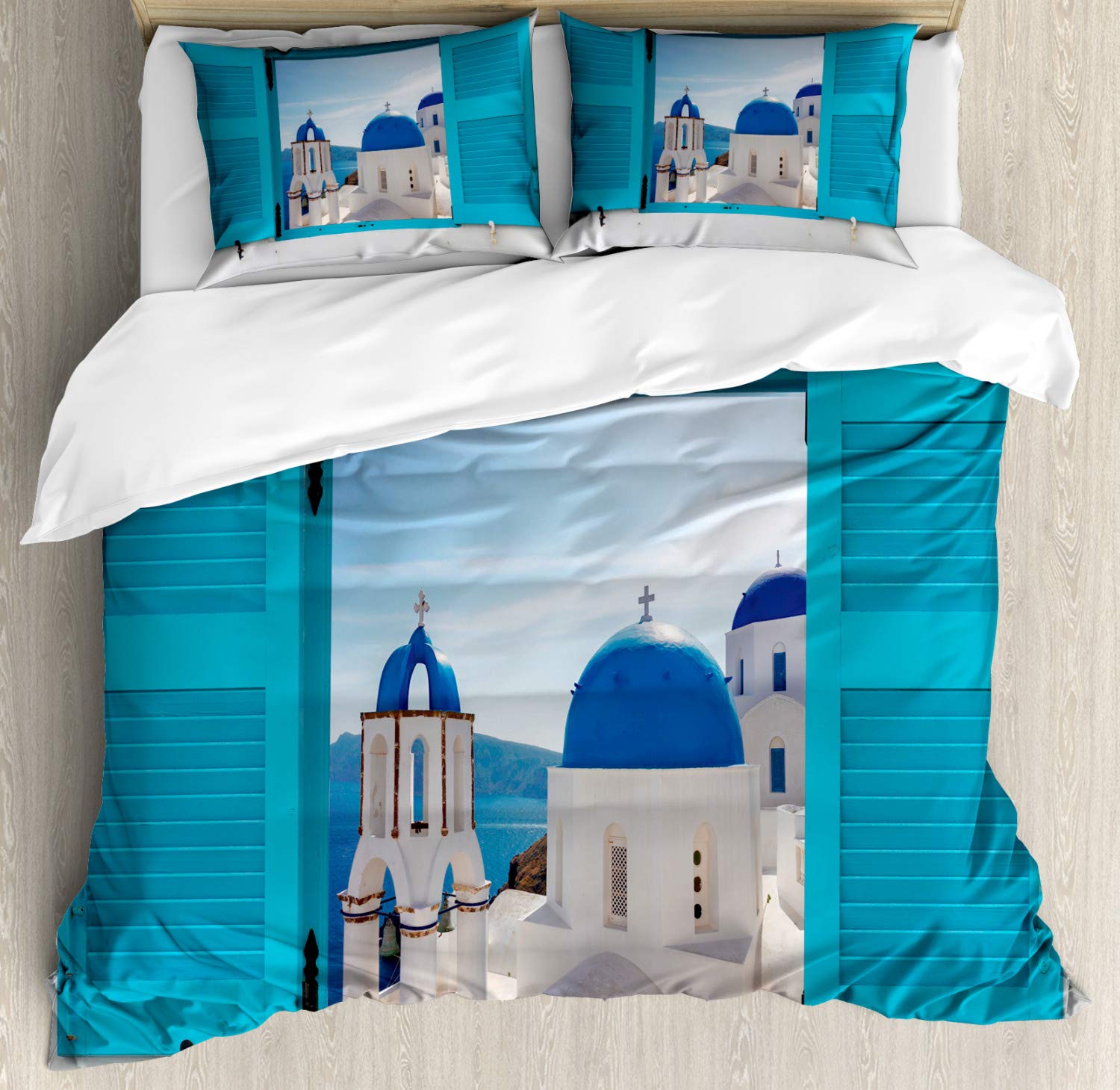 Ambesonne King Size Duvet Cover Set - 3 Piece Blue and White Landscape Bedding with Pillow Shams | Santorini Greece Travel Inspired Design | Perfect for Master Bedroom, Guest Room & Vacation Home Decor