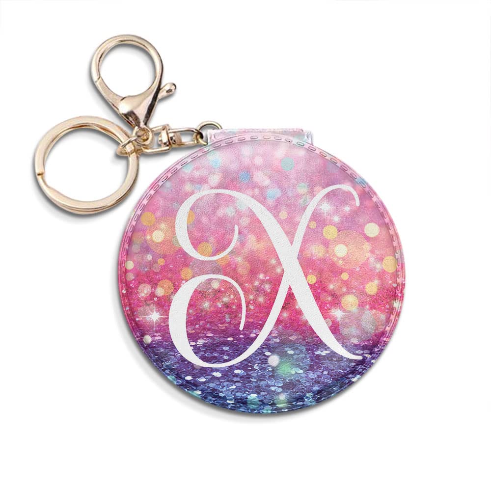 Wirester Round Foldable PU Leather Compact Pocket Mirror - Dual Sided Travel Makeup Mirror with Keychain (Glitter Pink & Blue) - Perfect for Travel, Home, and On-the-Go Touch Ups