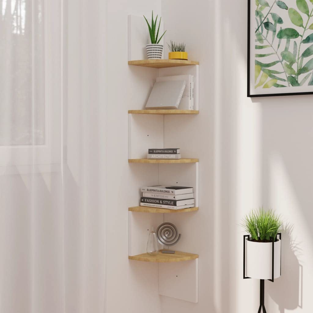 Floating Wall Corner Shelf - White & Sonoma Oak Chipboard - Bathroom, Bedroom, Kitchen, Living Room, Office Decor - Space Saving Storage for Books, Plants & Home Decor