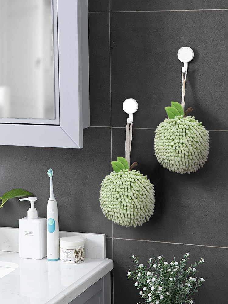 Sophie & Panda Fuzzy Ball Hand Towels (Set of 2) - Super Absorbent Creative Fruit Themed Bathroom Towels for Instant Drying - Green Apple Design - Perfect for Kitchen, Bathroom & Guest Use