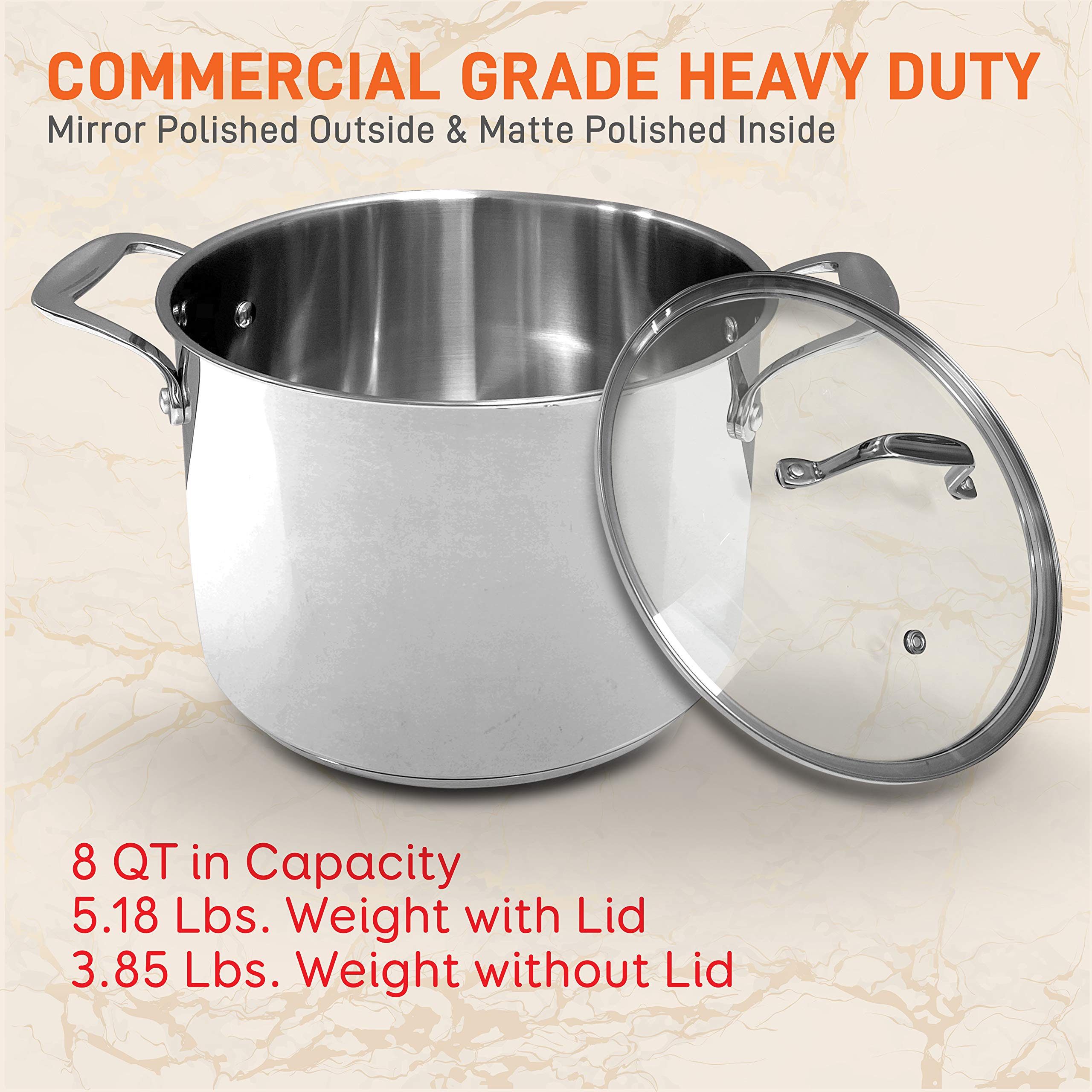 NutriChef 8-Quart Stainless Steel Stock Pot with Glass Lid - 18/8 Food Grade Induction Ready Cooking Pot for Soups, Stews, Pasta & Boiling - Heavy Duty Restaurant Quality Cookware for Home & Commercial Kitchens
