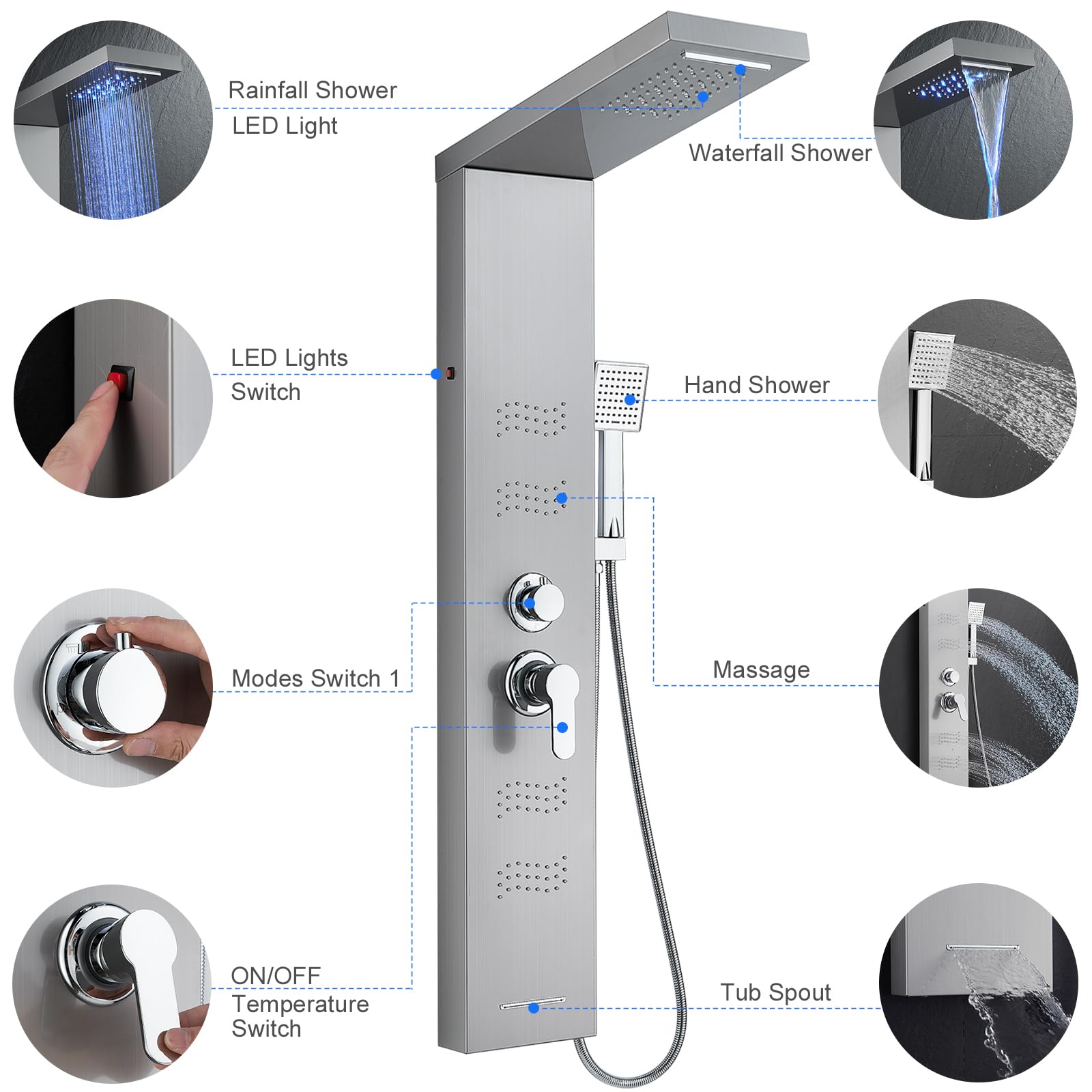 5-in-1 Stainless Steel Shower Panel Tower System with LED Lights - Rainfall Shower Head, Waterfall, Body Spray, Handheld Shower & Tub Spout (Brushed Nickel) | Perfect for Modern Bathroom Renovation & Spa-Like Shower Experience