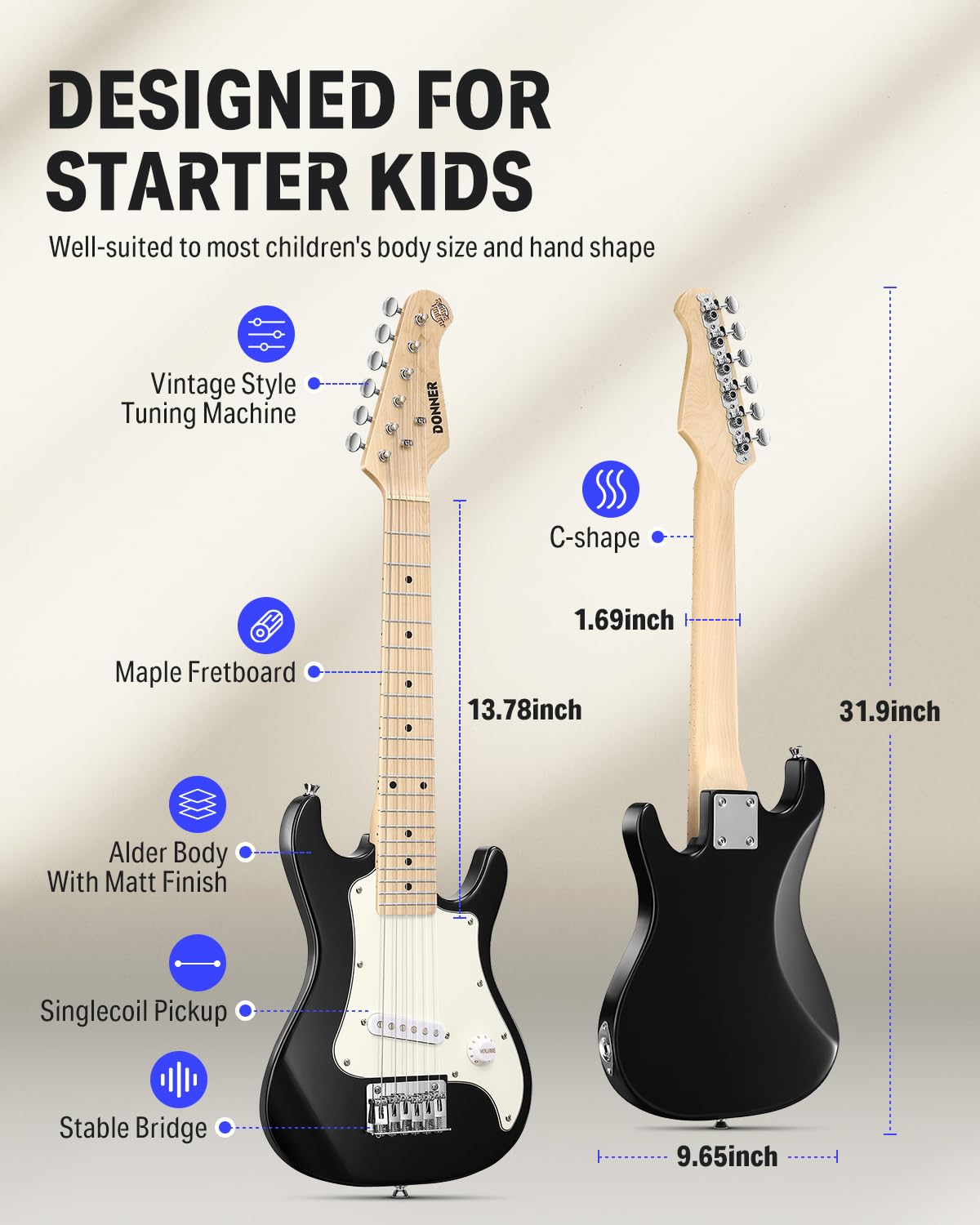 Donner 30 Inch Kids Electric Guitar Beginner Kit - ST Style Mini Electric Guitar for Boys & Girls with Amp, 600D Gig Bag, Tuner, Picks, Cable, Strap & Extra Strings (DSJ-100, Black) - Perfect for Home Practice, Music Lessons & Rockstar Performances