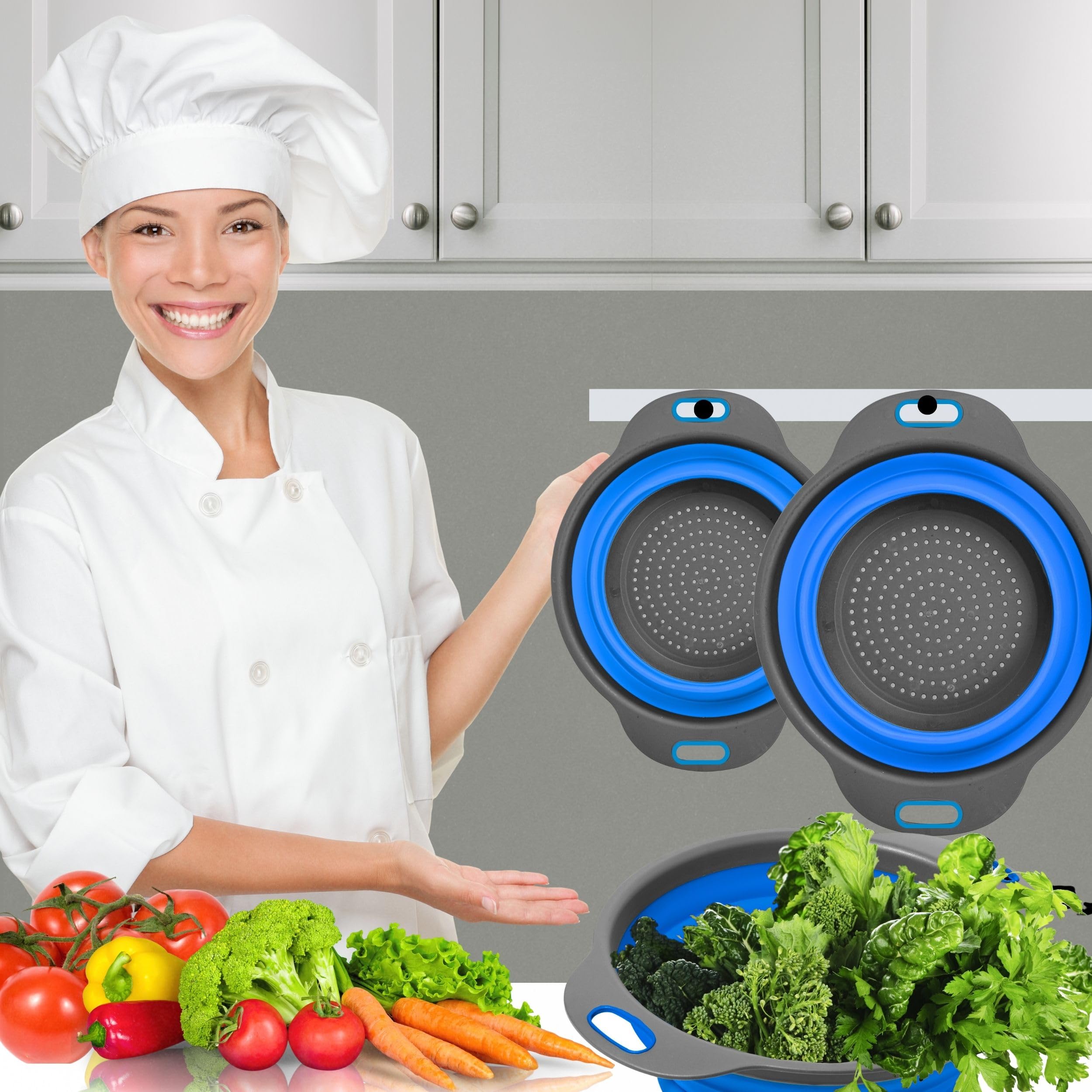 Blue Kitchen Strainer Colander Set - 2 PCS Collapsible Silicone Food Grade Strainers with Plastic Handles for Pasta, Spaghetti, and Vegetables - Perfect for Cooking, Draining, and Meal Prep