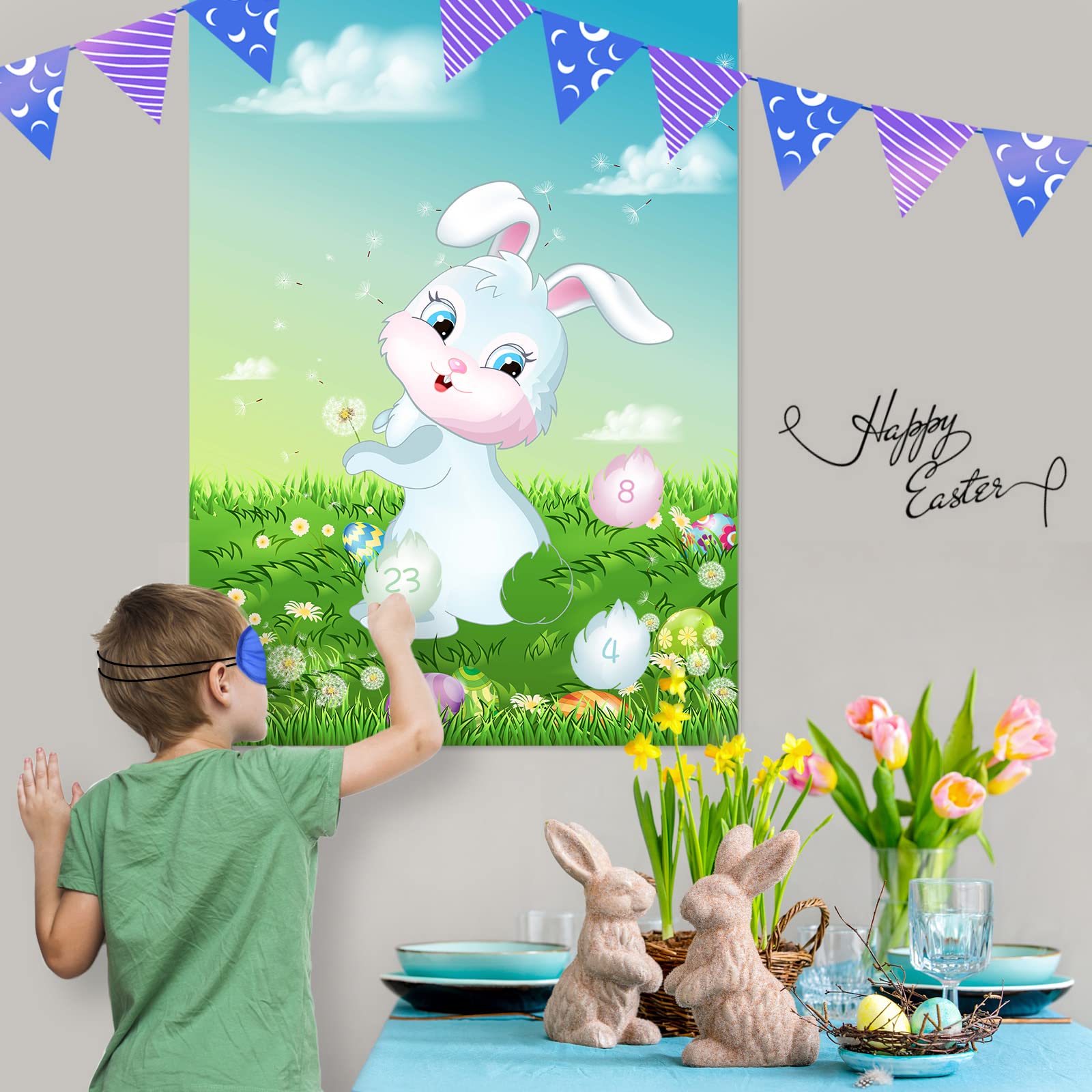 ASTARON Pin The Tail on The Bunny Game - 24pcs Easter Party Supplies for Birthday & Easter Celebrations - Fun Kids Party Game for Indoor & Outdoor Activities