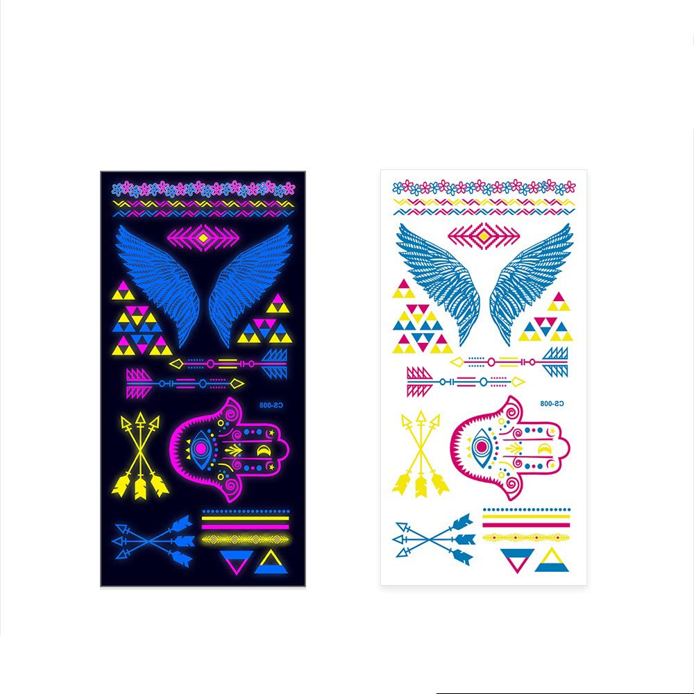 UV Glow Neon Temporary Tattoos for Women & Men - Waterproof Fake Body Art Stickers (21x10.5cm) - Wings, Arrows & Evil Eye Protection Designs - Perfect for Parties, Festivals & Body Art Photography