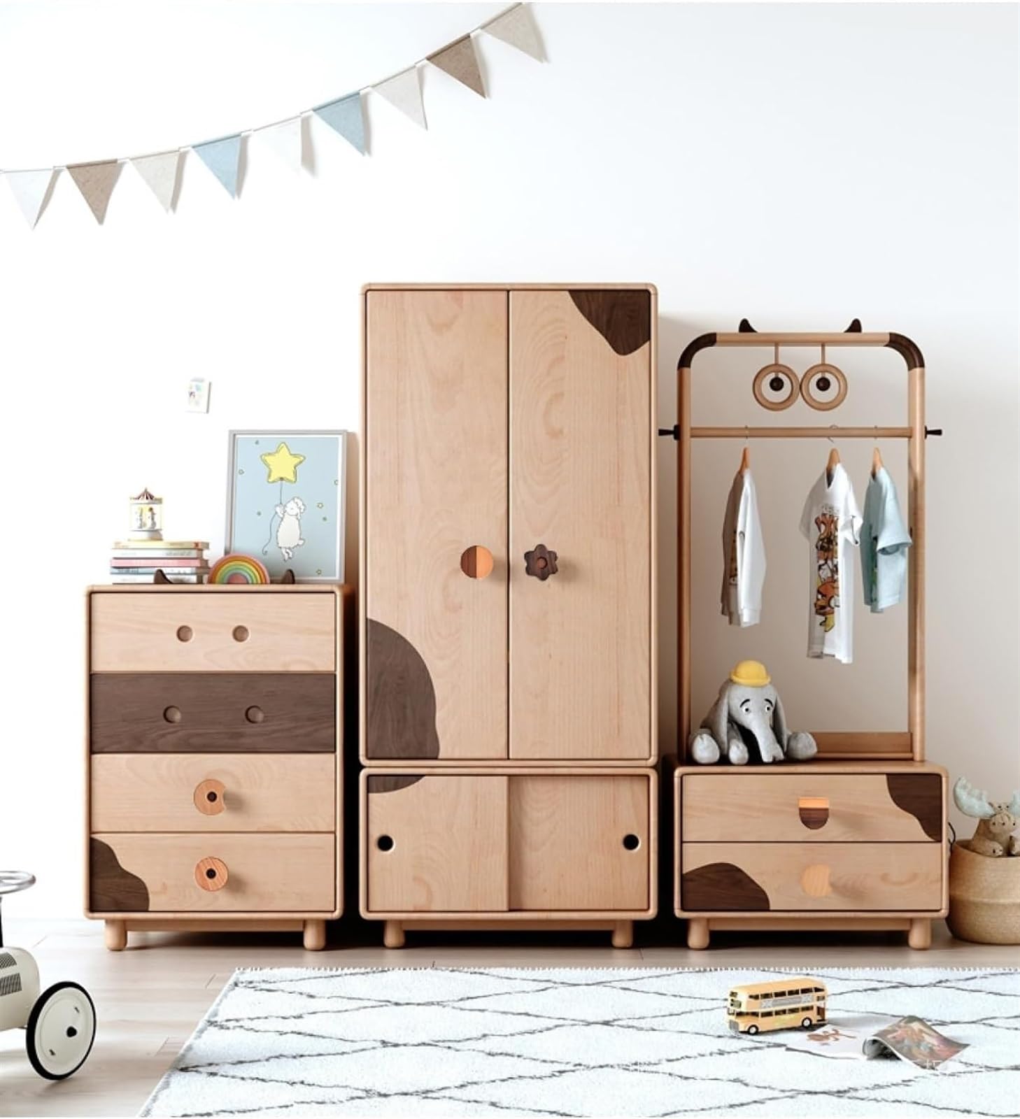 4 Pack Solid Wood Cabinet Knobs & Drawer Pulls - Cute Semi-Circular Wardrobe Handles for Kids Room (Cross Beech) | Perfect for Children's Furniture, Dressers & Closet Doors