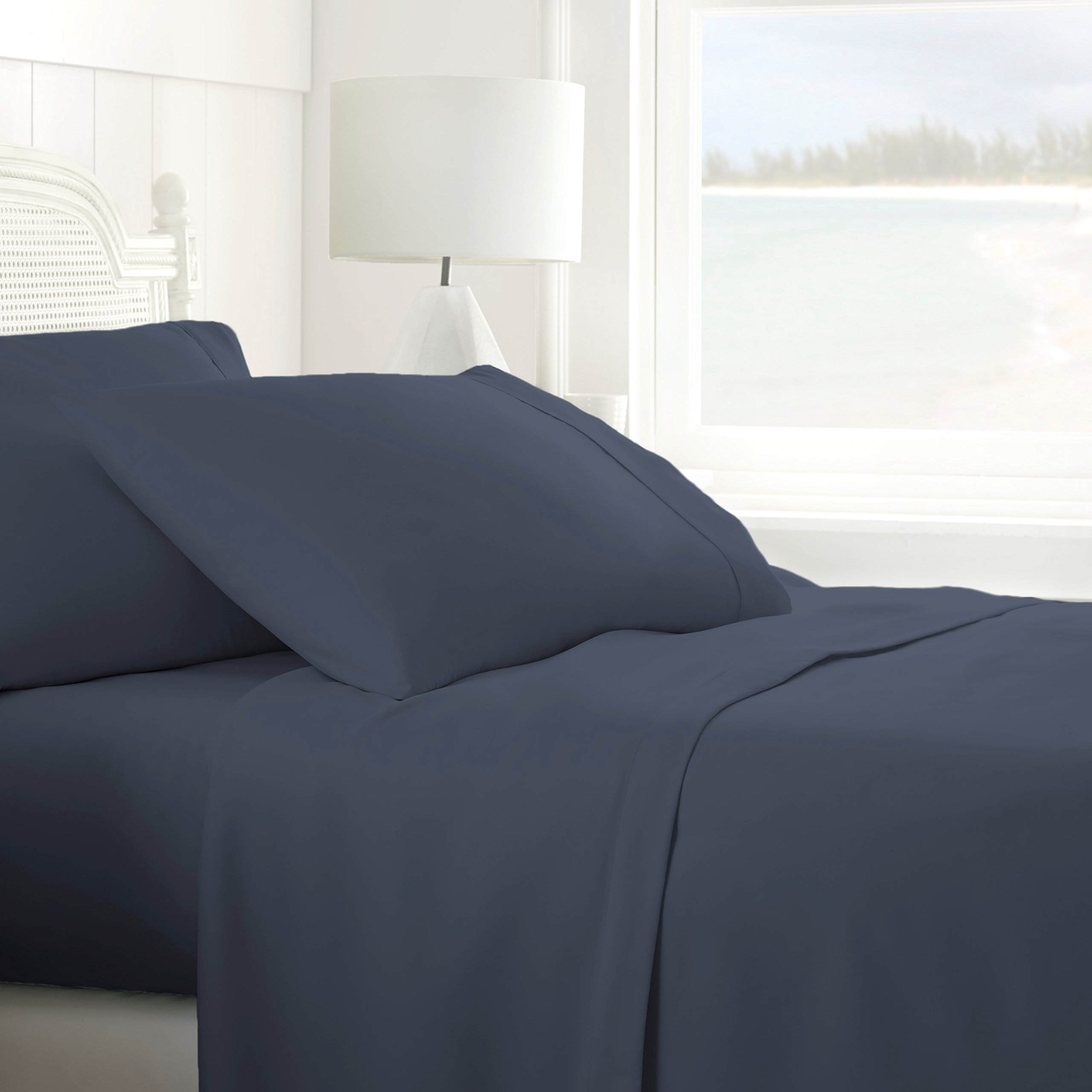 Premium Ultra Soft 4-Piece Twin Size Bed Sheet Set - 100% Breathable Cotton, Deep Pocket, Wrinkle Resistant - Navy Blue for Cozy Bedroom & Guest Room Comfort