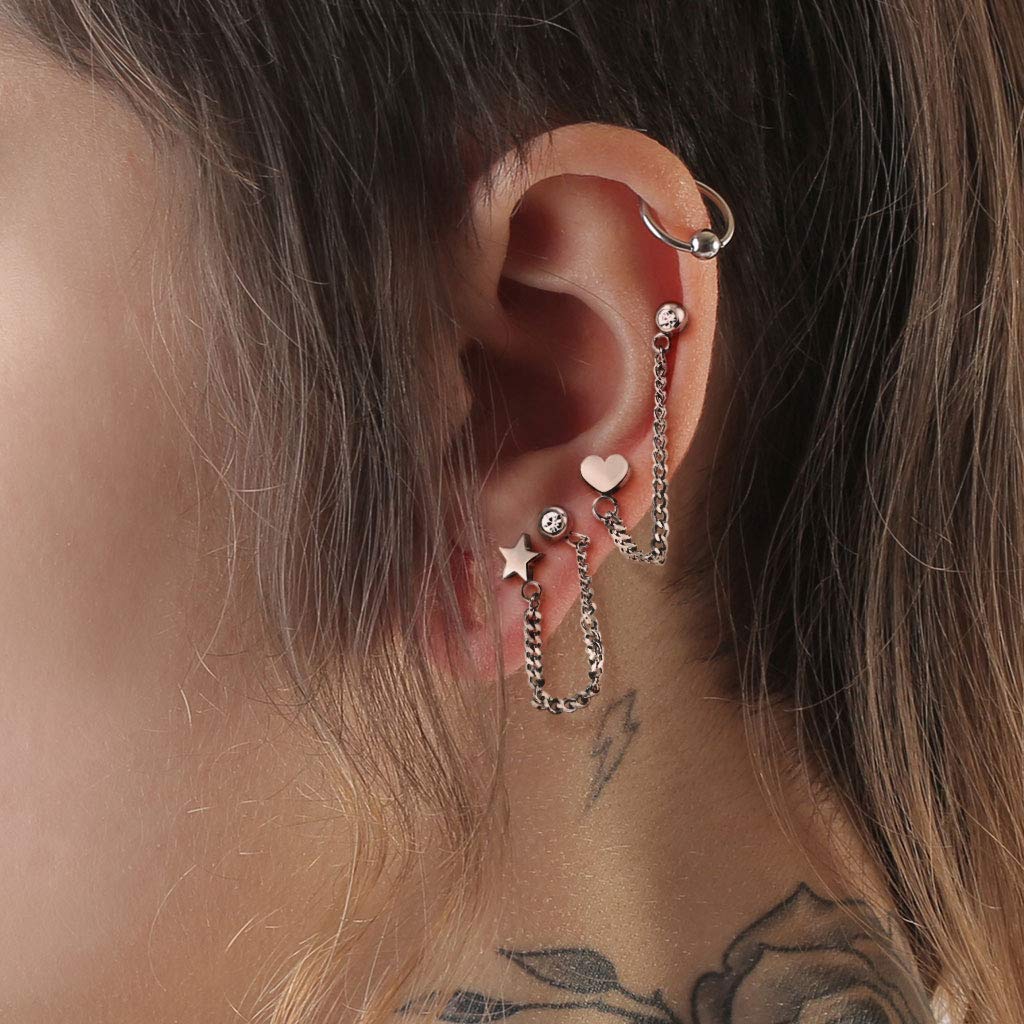 316L Stainless Steel Cartilage Helix Earring Barbell with Connecting Chain - 16GA Body Jewelry for Pierced Owl Design - Perfect for Ear Lobe, Helix, and Cartilage Piercings