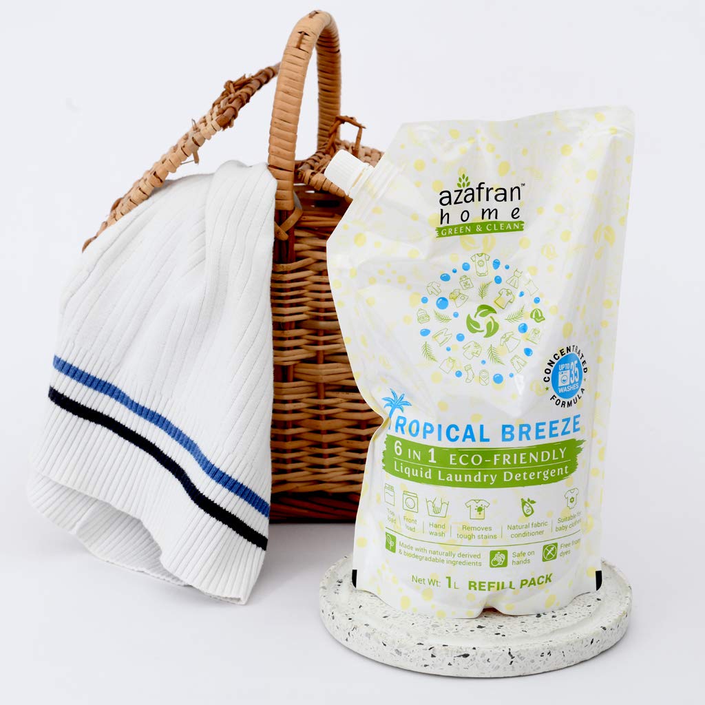 Azafran Tropical Breeze 6-in-1 Plant-Based Liquid Laundry Detergent Refill Pack - 1 Liter | Stain Remover, Natural Fabric Softener | Safe for Baby Clothes & All Washing Machines | Perfect for Travel, Gym Wear & Sensitive Skin Laundry