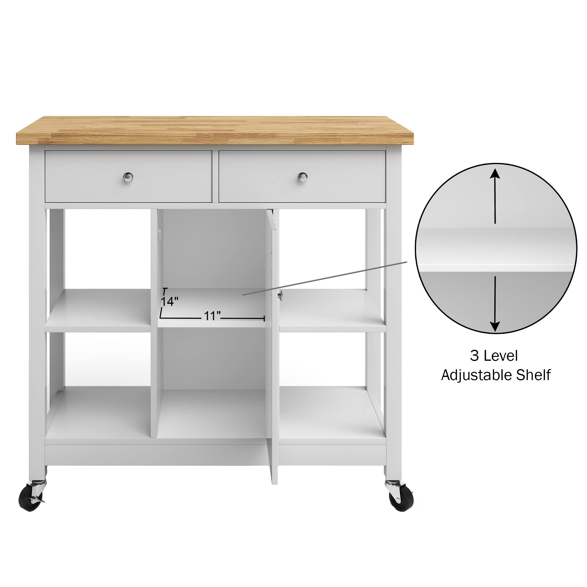 Premium White Kitchen Island with Drawers & Locking Wheels - Mobile Rolling Cart for Coffee Bar, Microwave Stand, Pantry Storage - Perfect for Small Kitchens, Apartments & Entertaining Guests