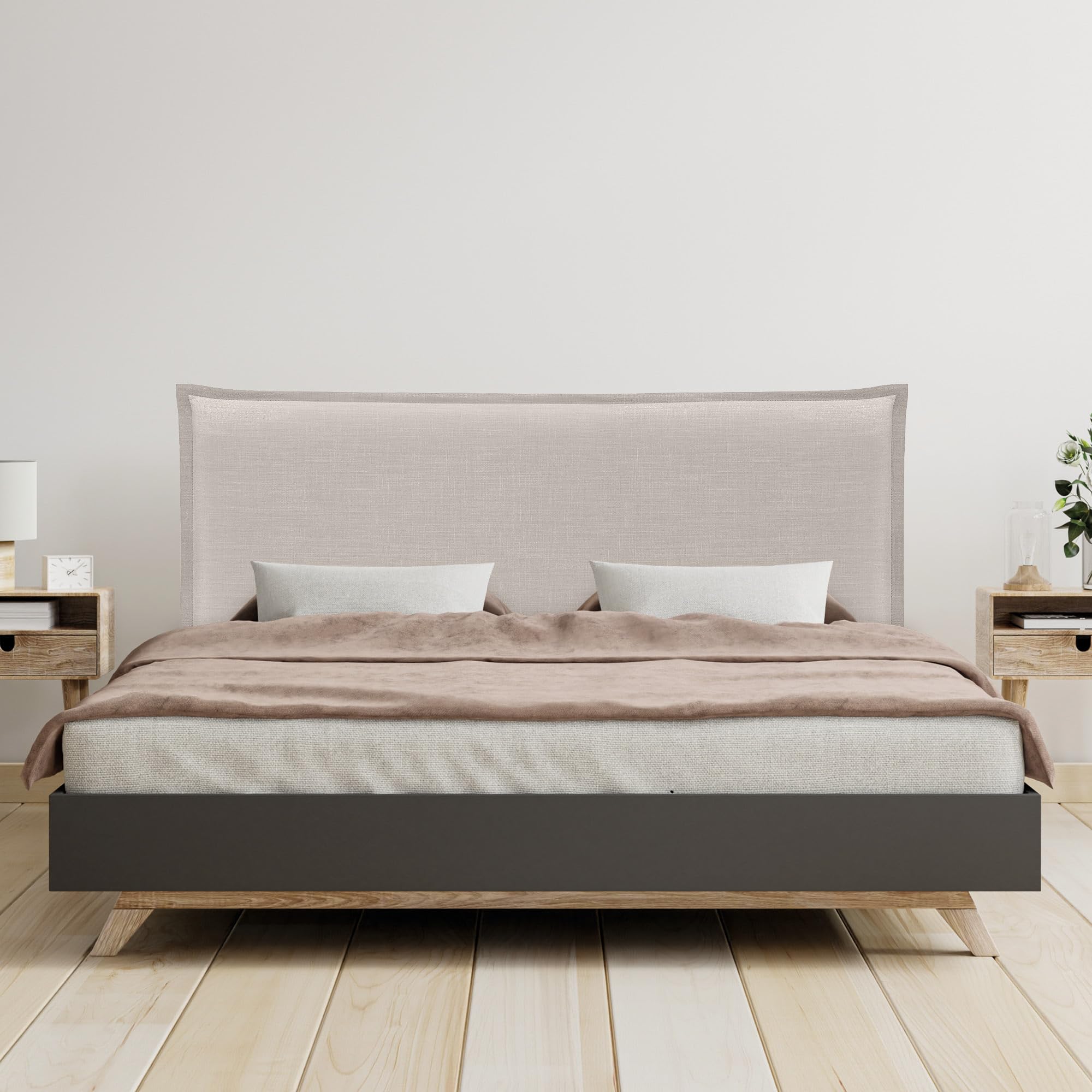 DHOME Natural Linen Upholstered Bed Frame with Floor-Length Skirt & 8cm Thick Headboard - Modern Bedroom Furniture for Queen Size Beds (150cm/59