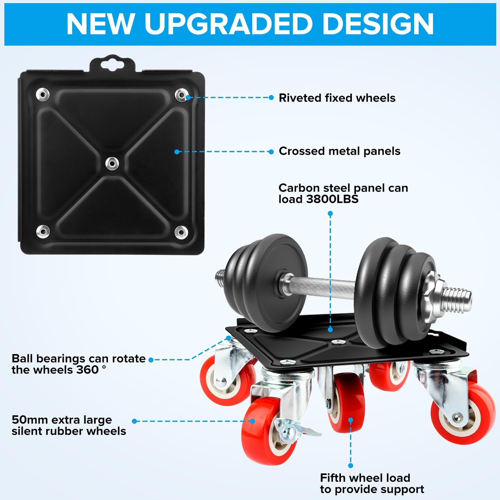 Heavy Duty Furniture Dolly with 5 Rotatable 360° Wheels - 3800LBS Capacity Carbon Steel Moving Dolly for Sofa, Piano & Appliances - Perfect for Home Moving, Warehouse & Office Relocation