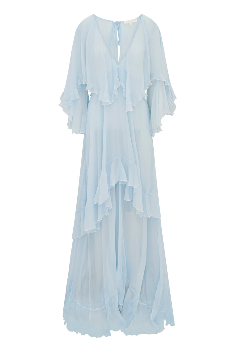 Elegant Collia Silk Chiffon Maxi Dress for Women - Flowy Long Evening Gown with V-Neck & Floral Print - Perfect for Weddings, Parties & Summer Vacations
