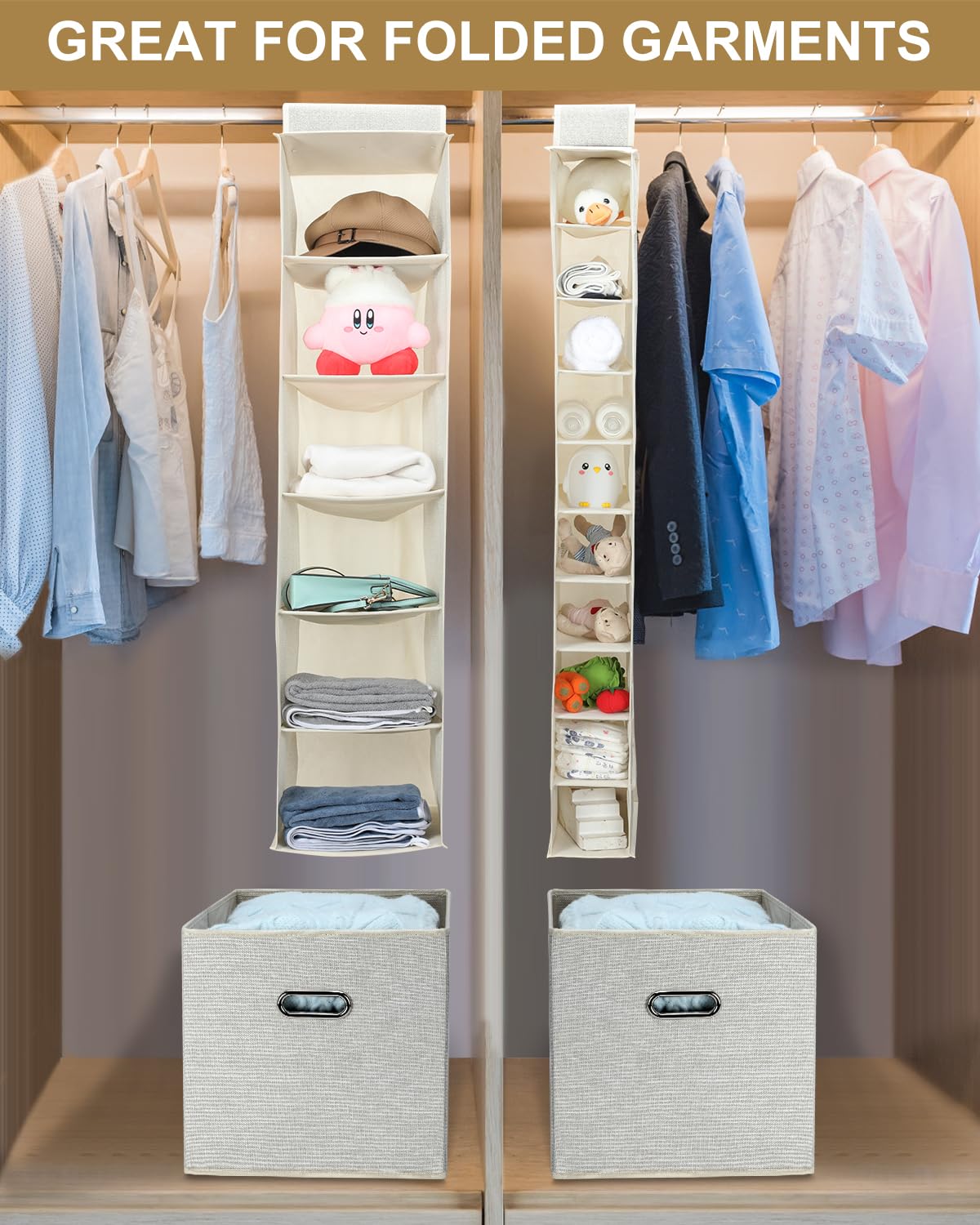 10-Tier Hanging Shoe Organizer for Closet - Foldable Storage Shelves for Shoes, Wardrobe & Baby Clothes - Space-Saving Beige Closet Organizer | Perfect for Bedroom, Nursery & Small Space Organization