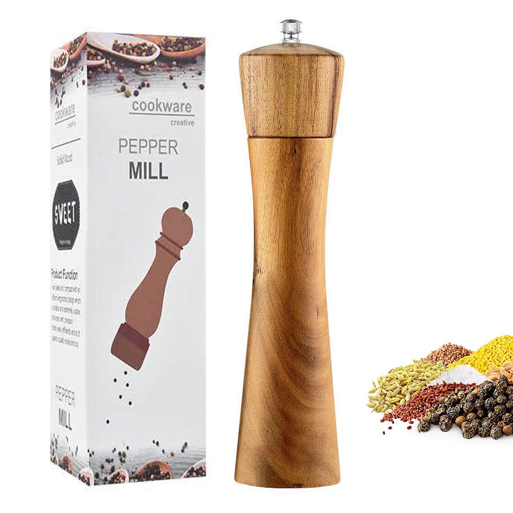 Premium Acacia Wood Salt and Pepper Grinder Set - Adjustable Manual Mill with Ceramic Core - 8 Inch Kitchen Essential for Home, Restaurants, BBQ, Picnics & Dinner Parties - Perfect for Gourmet Cooking & Gift Giving