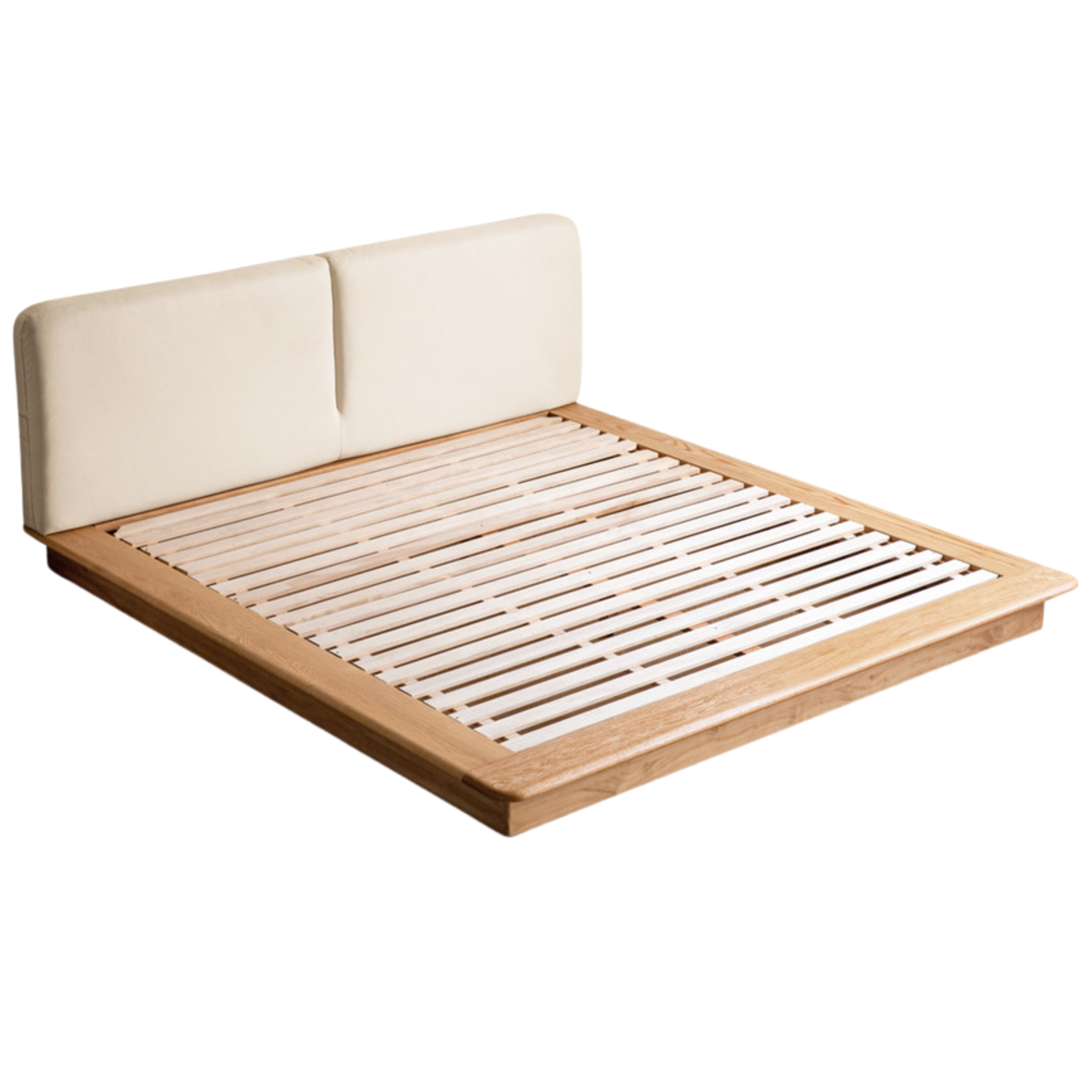 Solid Oak Wood Floating Platform Bed with Soft Fabric Headboard - Modern Technology Bed Frame for Bedroom, Living Room, or Guest Room
