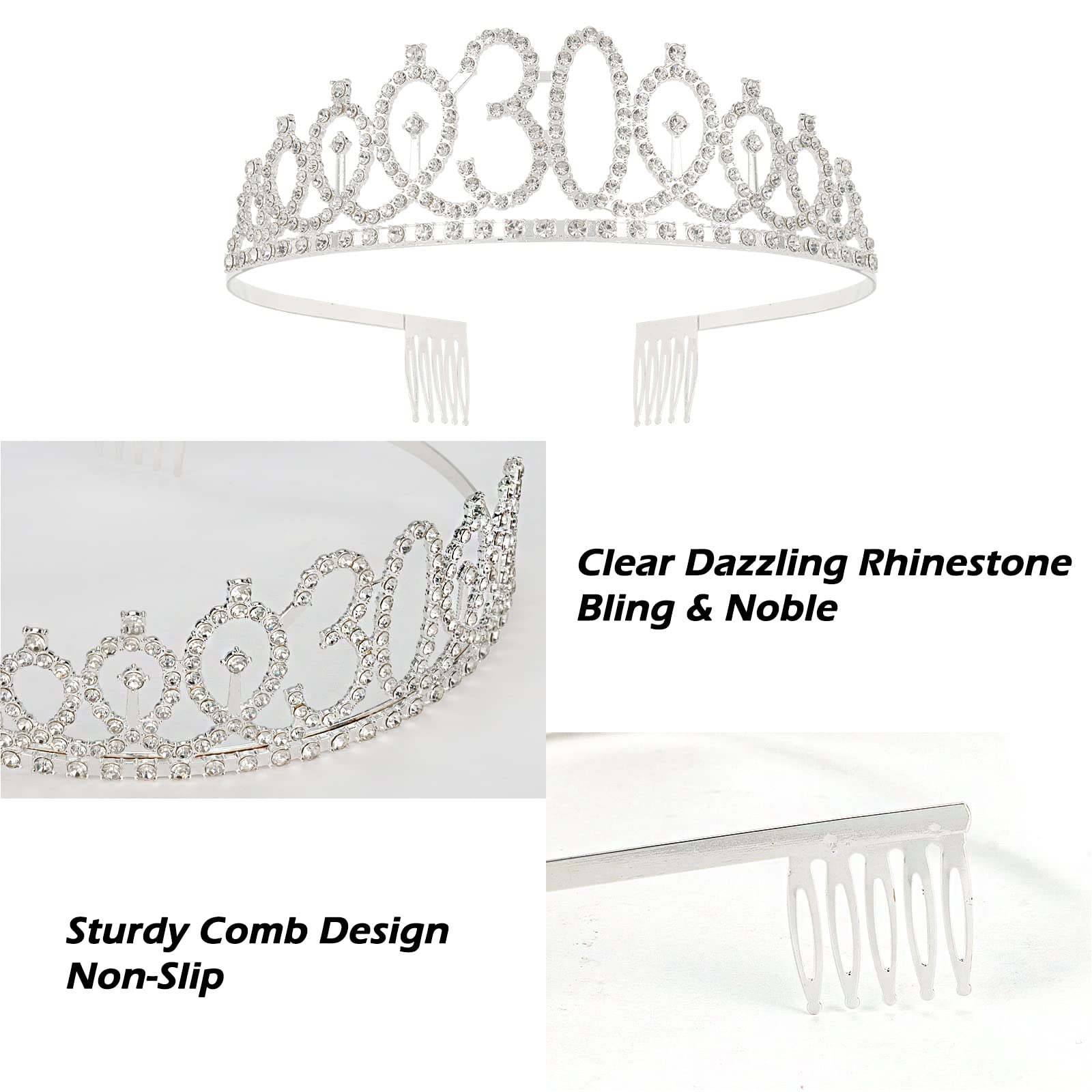 30th Birthday Sash & Tiara Set for Women - Silver '30 & Fabulous' Crown & Sash - Birthday Queen Decorations - Perfect for 30th Birthday Parties, Bachelorette Celebrations & Milestone Events