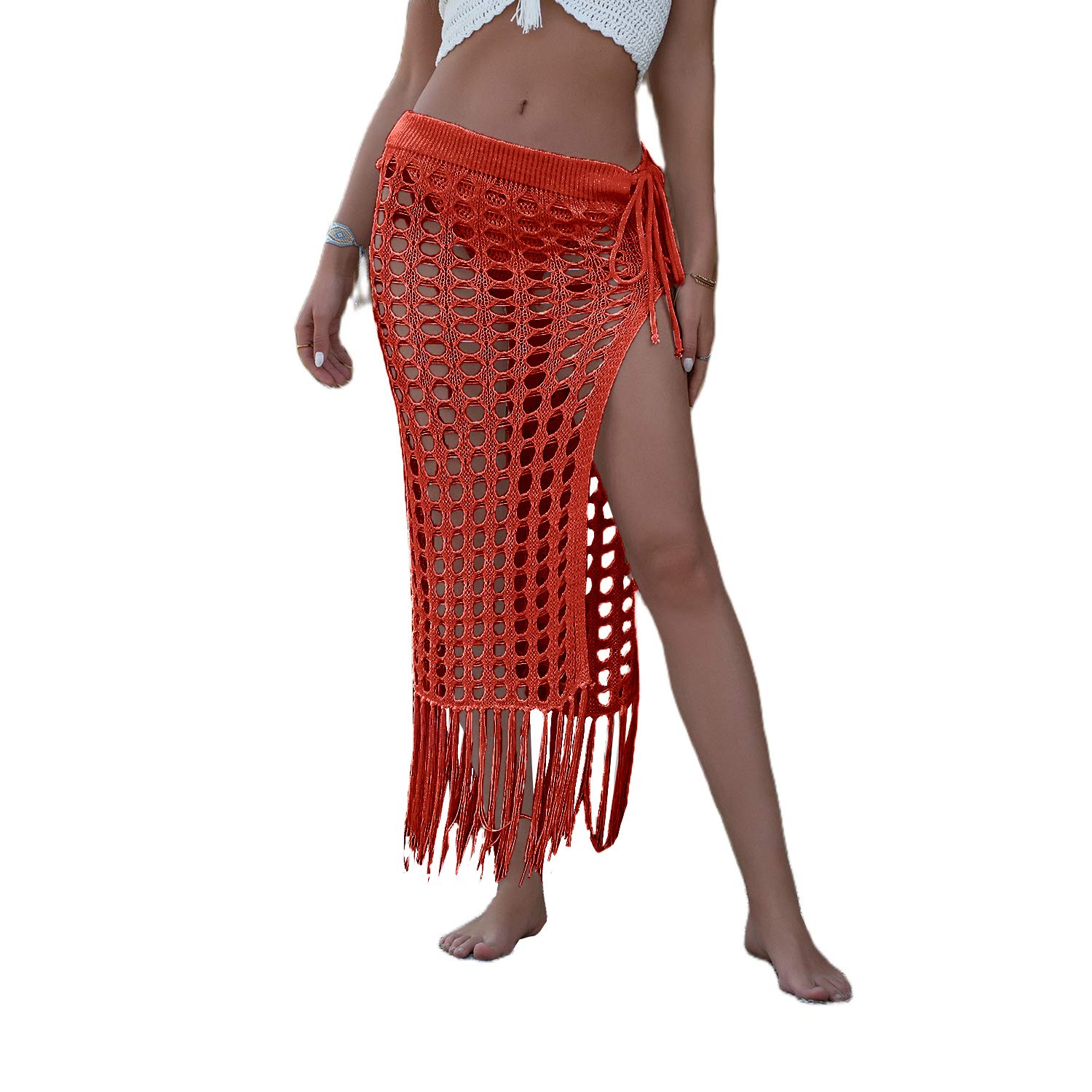 Women's Crochet Beach Cover Up Skirt - Sexy Hollow Out Mesh Maxi Knit Skirt with Split Tassels | Summer Swimwear & Beachwear | Perfect for Pool Parties, Vacations & Tropical Getaways