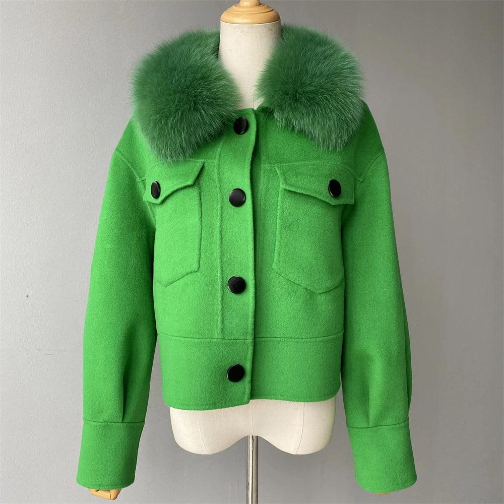 Luxury Women's Cashmere Wool Coat with Real Fur Collar - Winter Cropped Jacket, Full Sleeves & Pockets - Streetwear Outerwear for Cold Weather & Fashion Outings