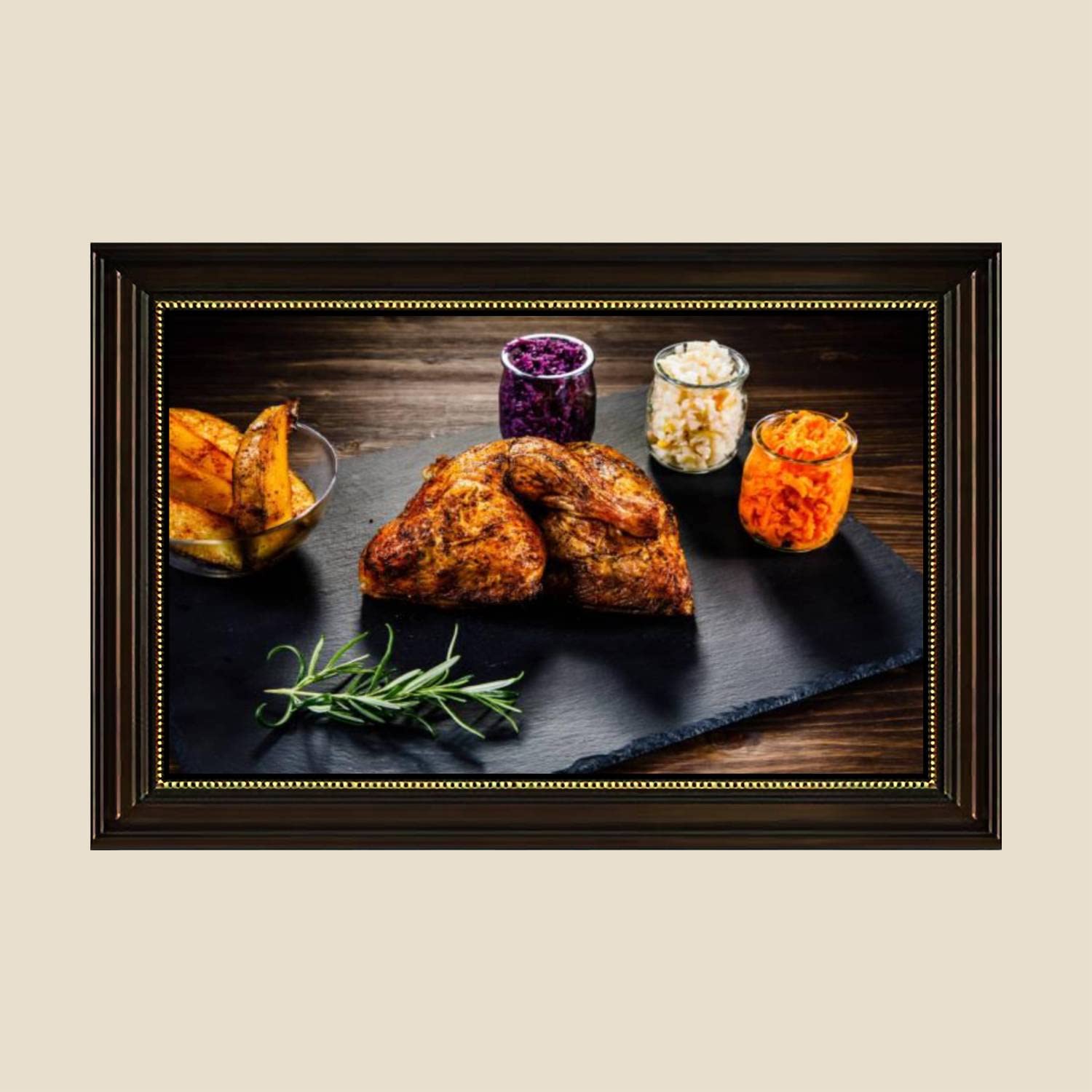 Roast Chicken Leg Vegetables Canvas Wall Art Print - Retro Framed Painting Poster 24x36 Inch - Ready to Hang Home Decor for Living Room, Bedroom & Kitchen | Farmhouse Style Dining Room Wall Decor