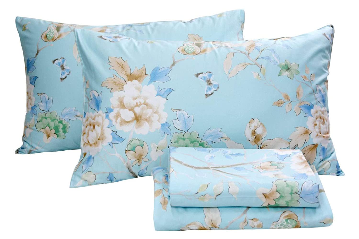 Luxury 800 Thread Count 100% Egyptian Cotton Floral Bedding Sheet Set - King Size 4-Piece with Deep Pocket, Butterfly & Bird Print Blue Design - Perfect for Master Bedroom, Guest Room & Hotel Decor