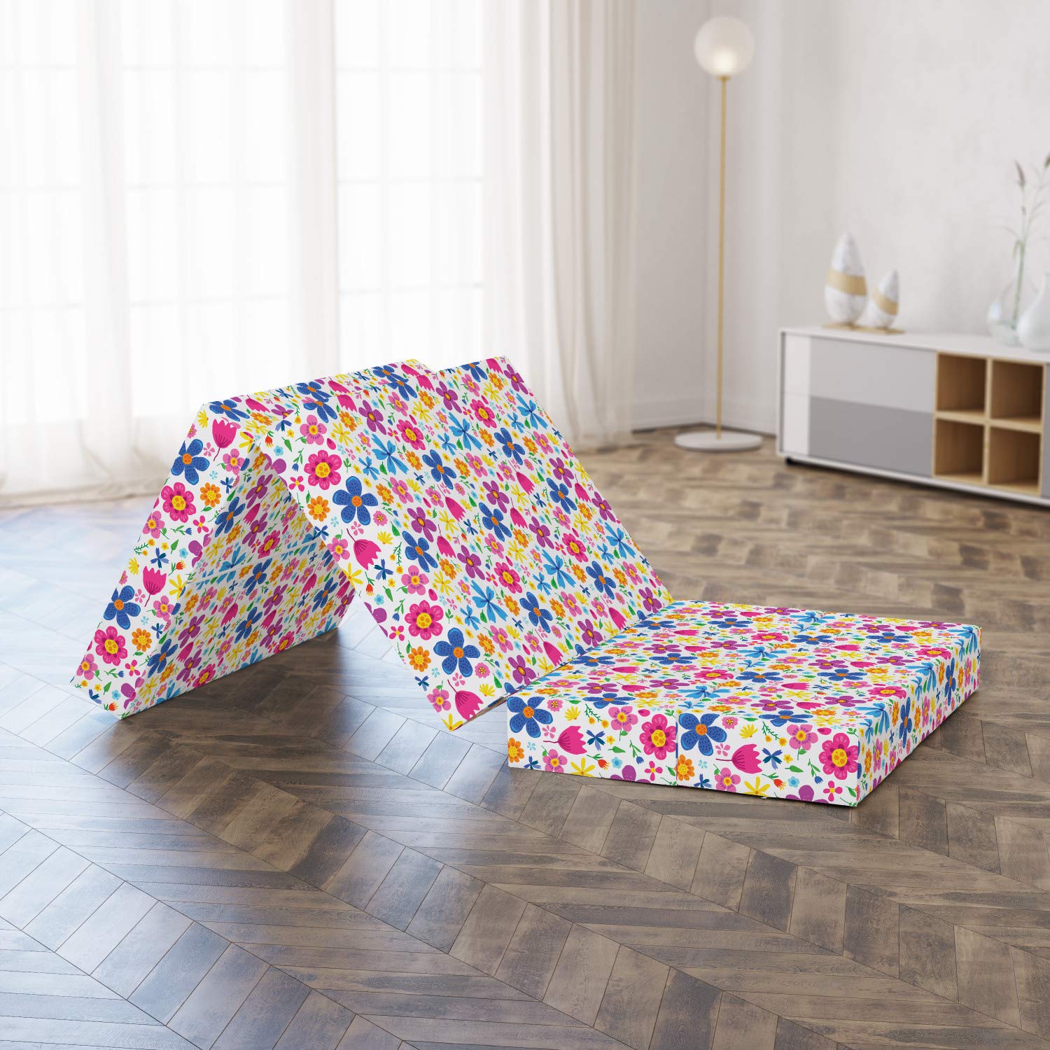 Ambesonne Floral Foldable Mattress - Funny Spring Cartoon Flowers Design, 74.8