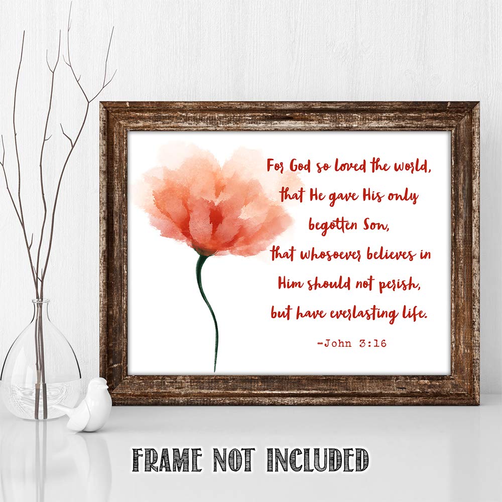 TJ Originals - John 3:16 Bible Verse Wall Art Decor - 11x14 Christian Scripture Print - Inspirational Gift for Family, Friends & Women (Peach Flower) - Perfect for Home, Church & Office Decor