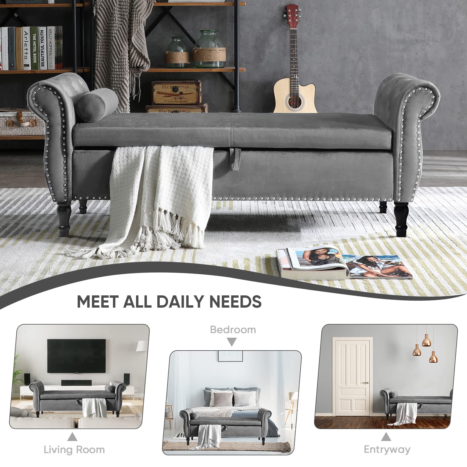 Velvet Storage Ottoman Bench - Mid Century Tufted Upholstered Bench with Hidden Storage & Toss Pillow | Small Foot of Bed Bench for Bedroom, Entryway, Hallway & Living Room | Perfect for Extra Seating & Home Organization (Gray)