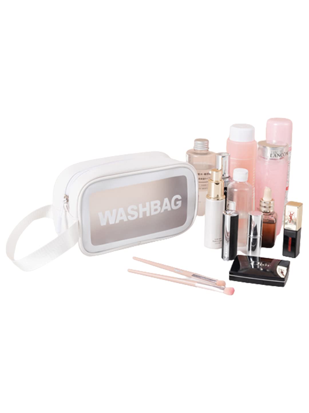 Amso Waterproof PVC Cosmetic Bag - Travel Makeup Organizer for Brushes & Toiletry Essentials, Portable Zippered Makeup Pouch for Women (White, Medium) | Perfect for Home, Gym, Vacation & Daily Use
