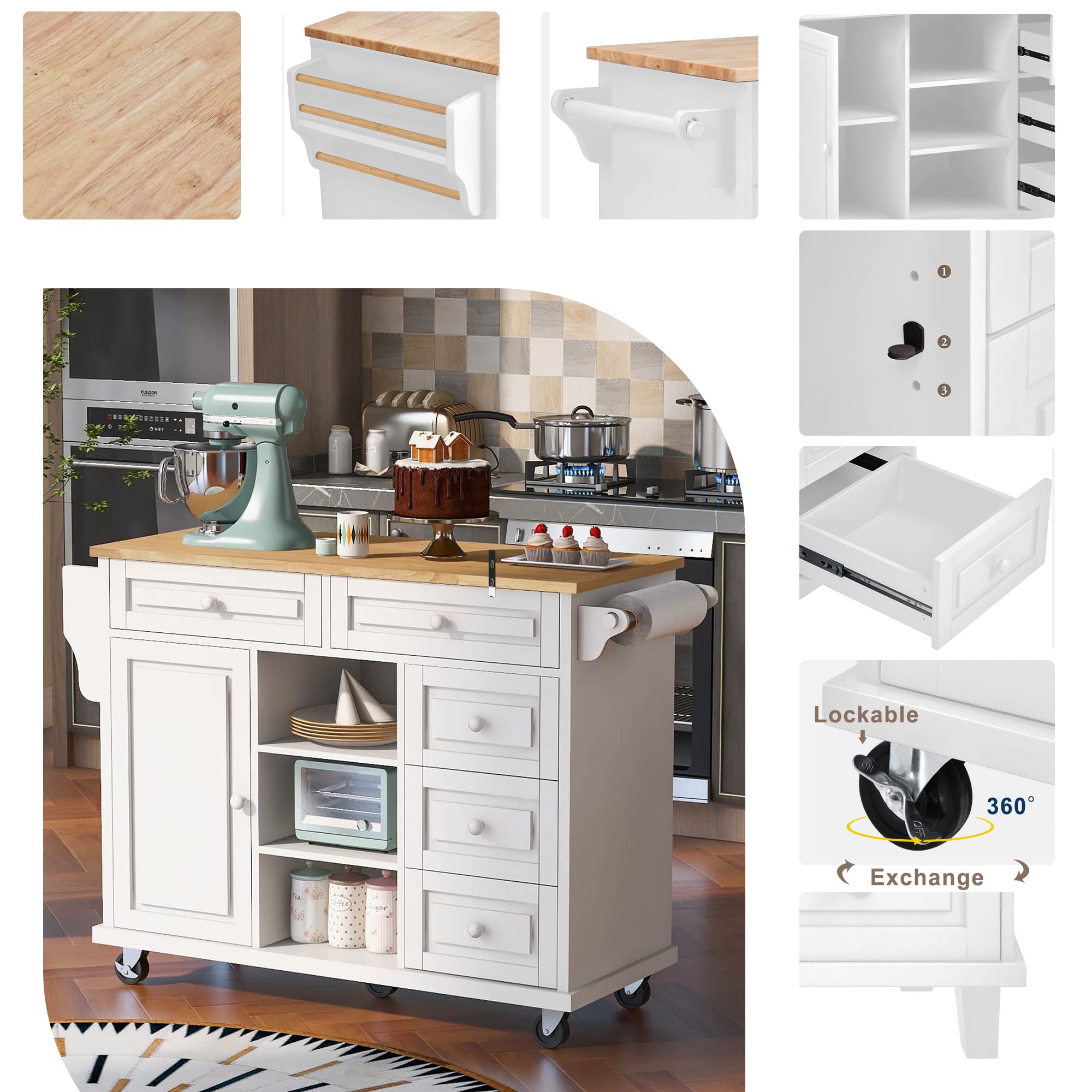 White Kitchen Island Cart with Wheels - 5 Drawers & Shelves for Kitchen & Living Room Storage