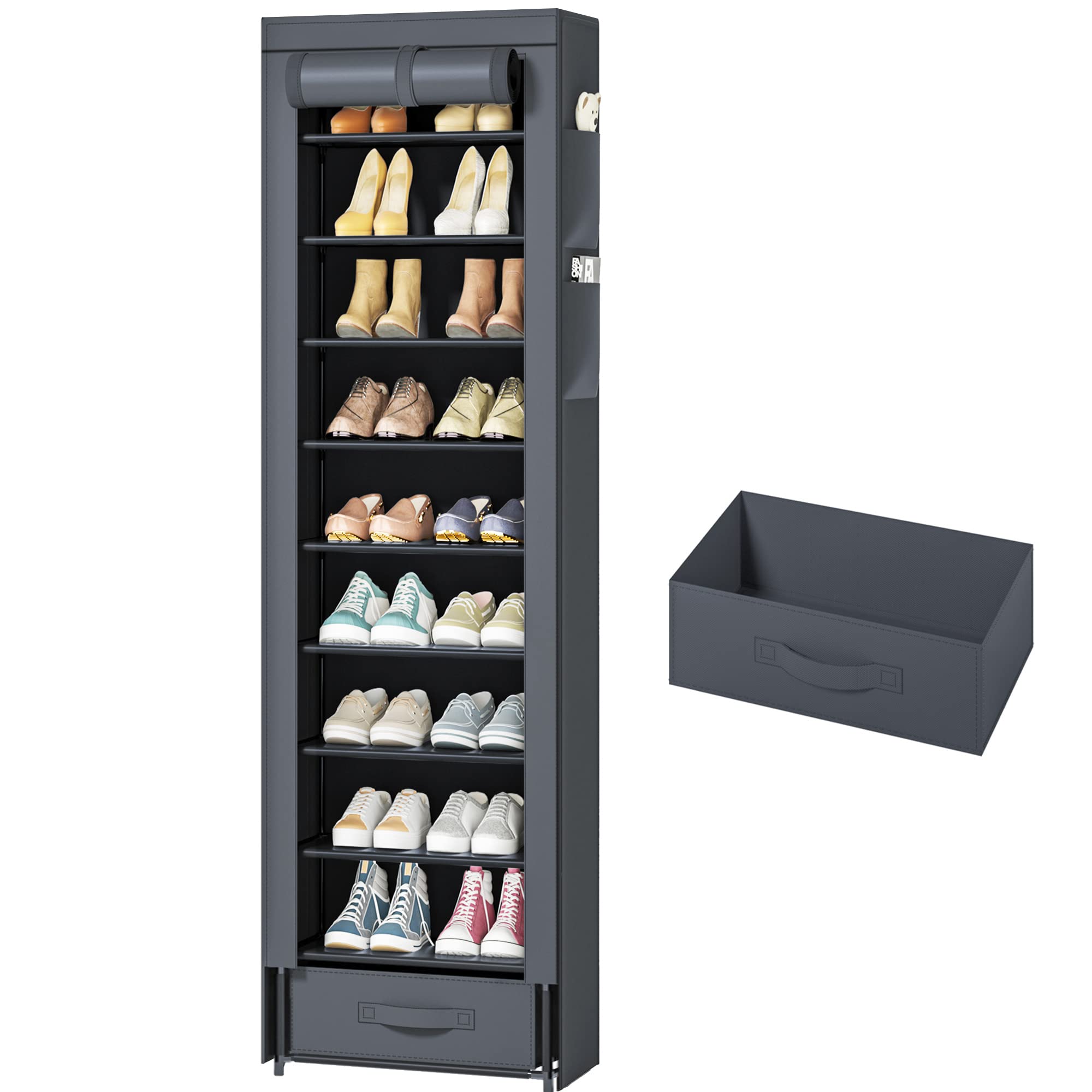10-Tier Tall Narrow Shoe Rack with Storage Bins - Stackable Shoe Organizer for Closet, Bedroom & Entryway - Space Saving Shoe Shelf for Sneakers, Boots & Heels
