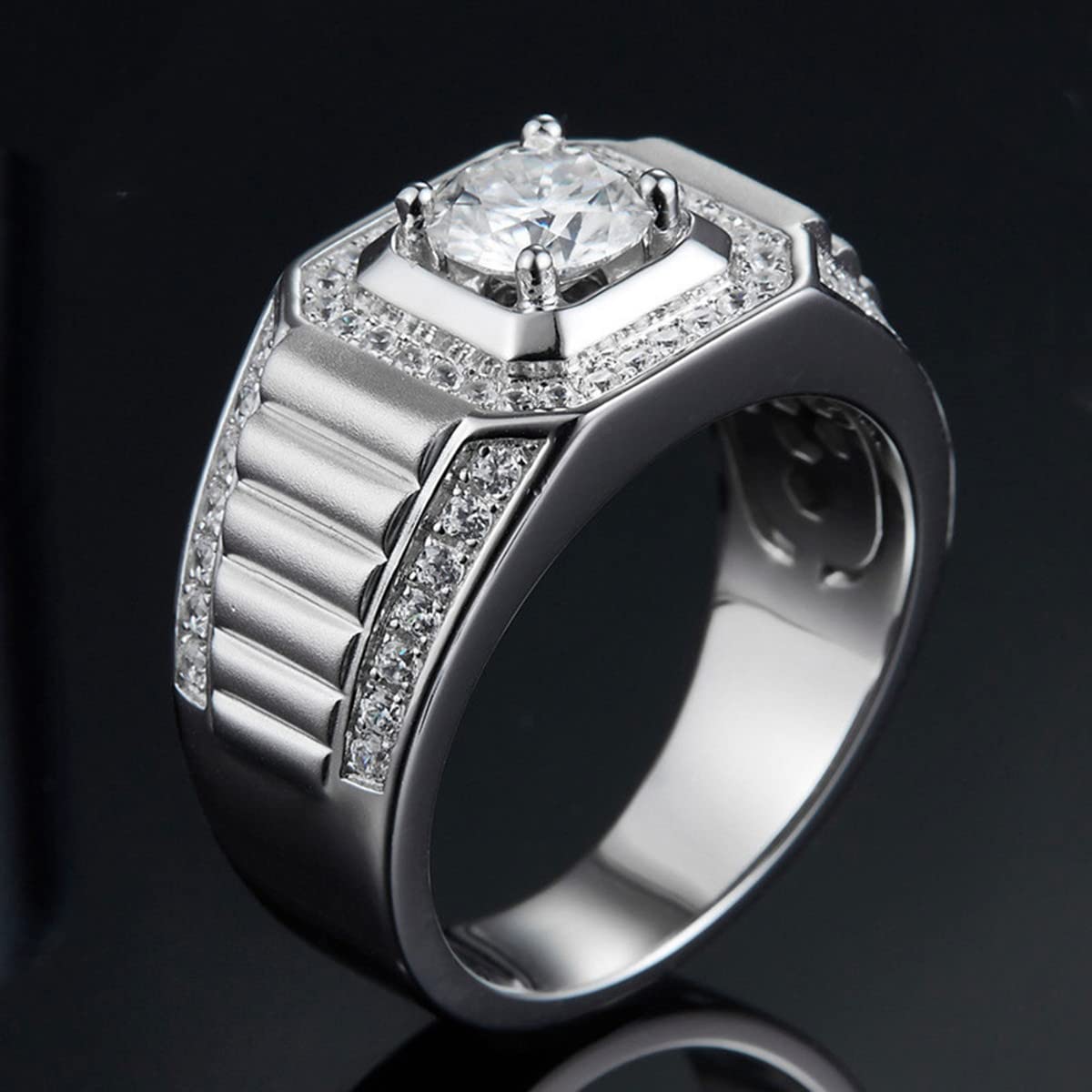 1.30 Carat Moissanite Men's Engagement Ring - Platinum Plated Silver Wedding Band with Text Engraving (Size 6-15) | Classic Matte Finish Promise Ring for Him | Perfect for Proposals, Anniversaries & Special Occasions