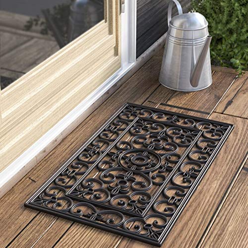 Kempf Rubber Scroll Doormat 18x30 Inches - Black Wrought Iron Design Indoor/Outdoor Entrance Mat - Perfect for Front Door, Patio, Deck & Mudroom Use