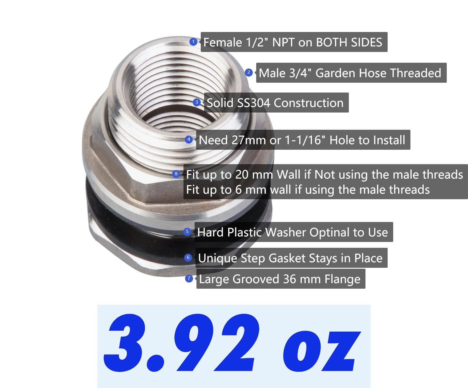 304 Stainless Steel Bulkhead Tank Fitting - 1/2