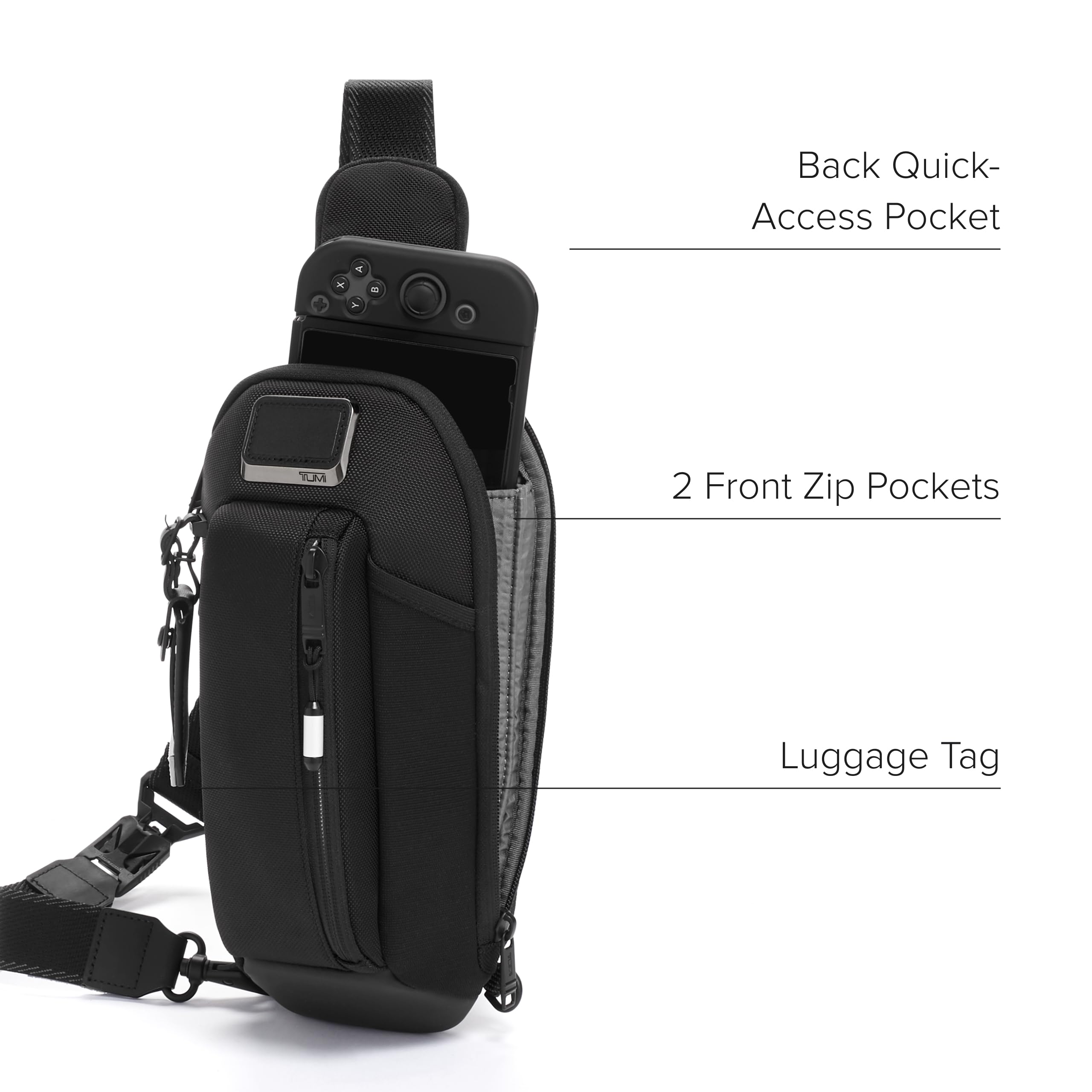 TUMI Alpha Bravo Esports Pro Sling Bag - Waterproof Gaming Backpack for Nintendo Switch, Steam Deck & Handheld Consoles - Lightweight Travel Crossbody Bag for Men & Women - Perfect for Commuting, Air Travel & Outdoor Adventures - Black