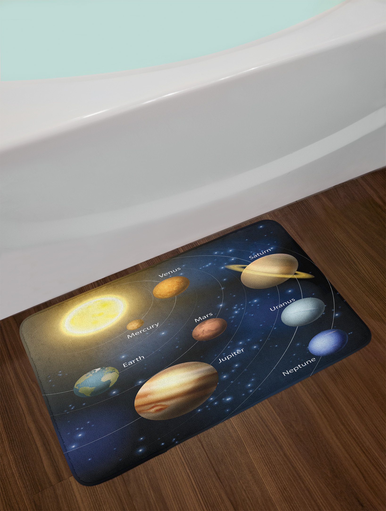Ambesonne Solar System Bath Mat - Non-Slip Astronomy Themed Bathroom Rug with Planets & Sun Design, 30.2