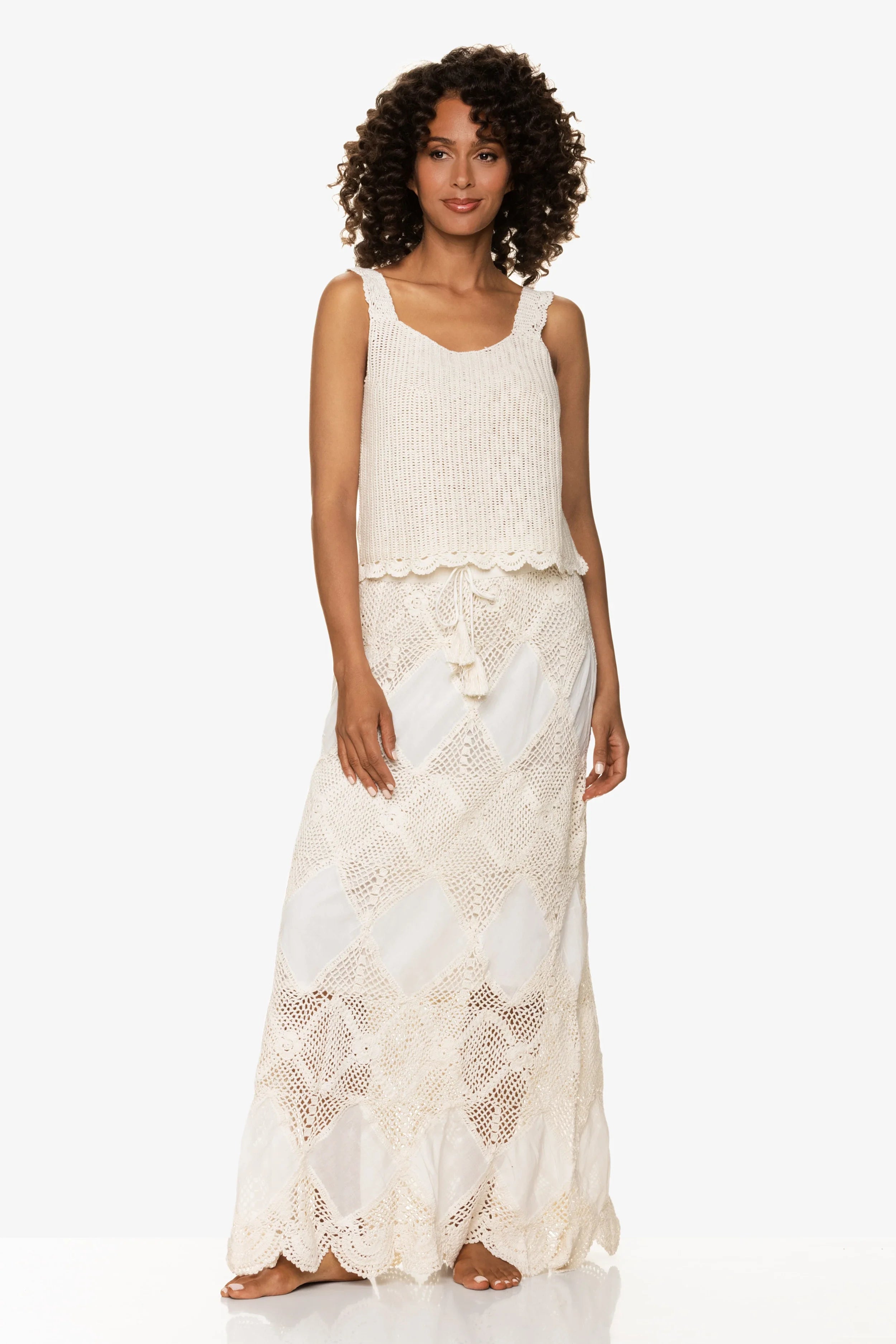 Elegant Scallop Crochet Maxi Skirt & Bandeau Dress Set in Ivory - Perfect for Beach Vacations, Summer Weddings & Boho Fashion