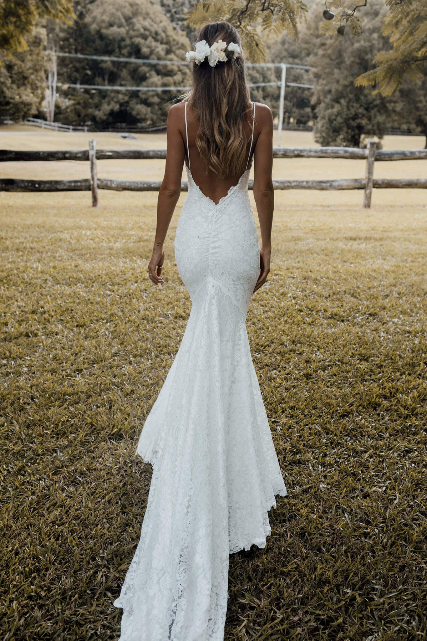 BOLENSYE Women's Boho Lace Wedding Dress for Bride - Backless High Slit Beach Wedding Gown - Perfect for Beach, Destination & Boho Chic Weddings
