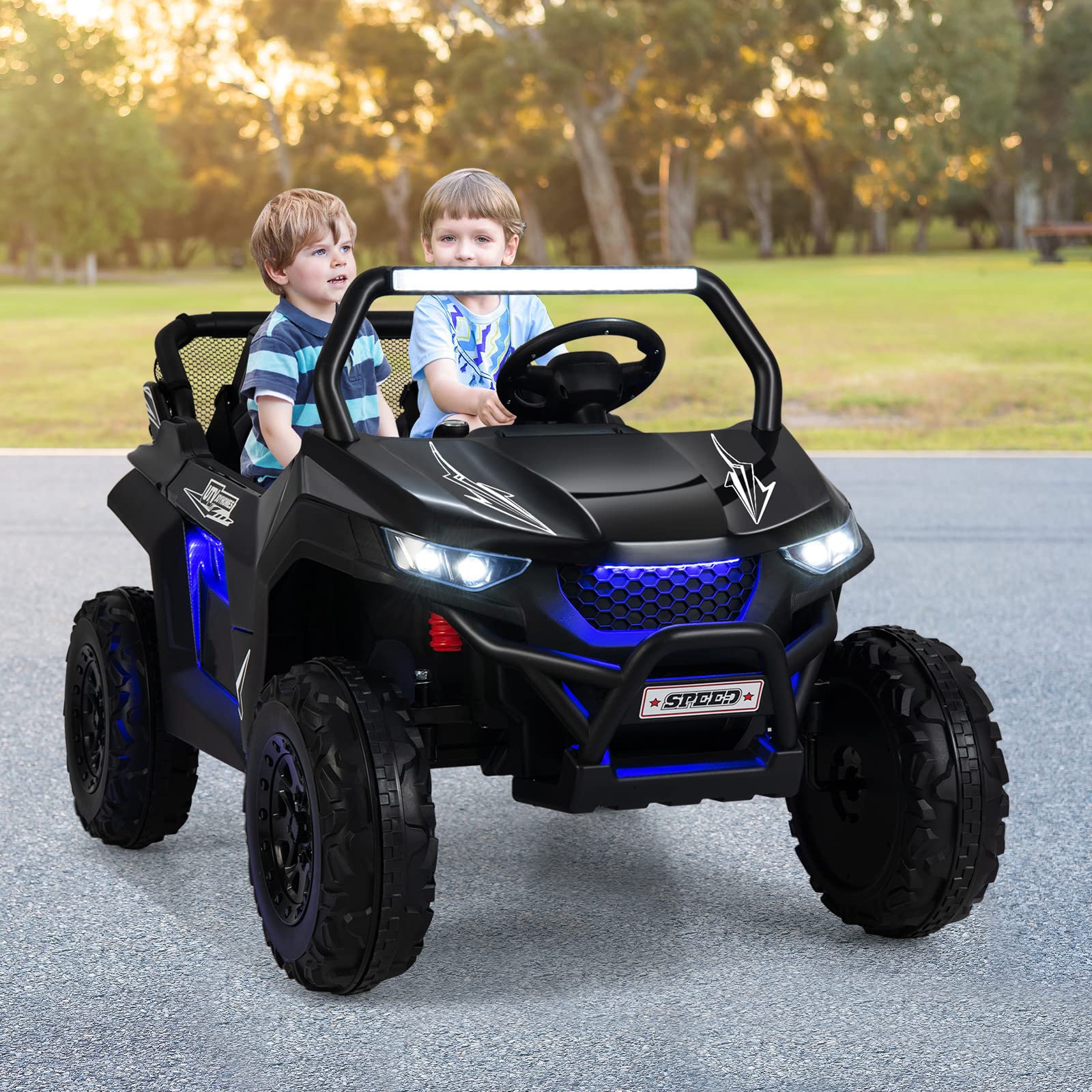 OLAKIDS 12V Kids Electric Ride On Car - 2 Seater UTV with Parent Remote Control, Spring Suspension & Bluetooth Music | Battery Powered Toy Vehicle for Boys & Girls Ages 3-8 | Perfect for Outdoor Play, Birthday Gifts & Backyard Fun (Jet Black)