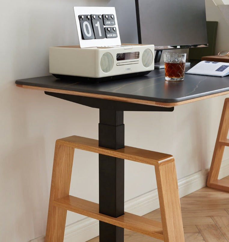 Premium Oak Solid Wood Standing Desk with Natural Rock Slab Top - Ergonomic Adjustable Height Home Office Desk for Work & Study