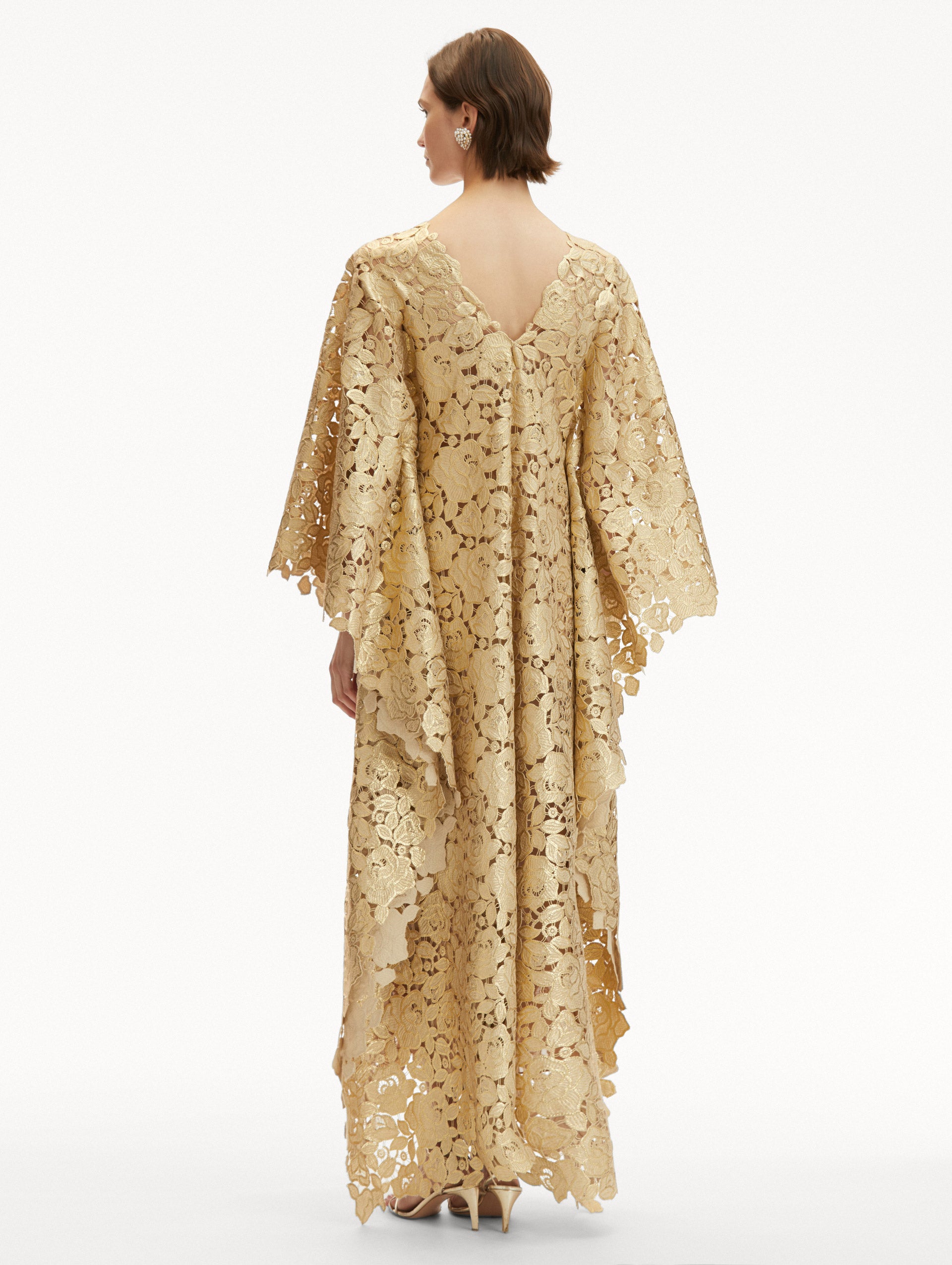 Elegant Gold Foil Rose Guipure Caftan Dress - Women's Boho Maxi Dress for Beach Wedding, Party & Special Occasions
