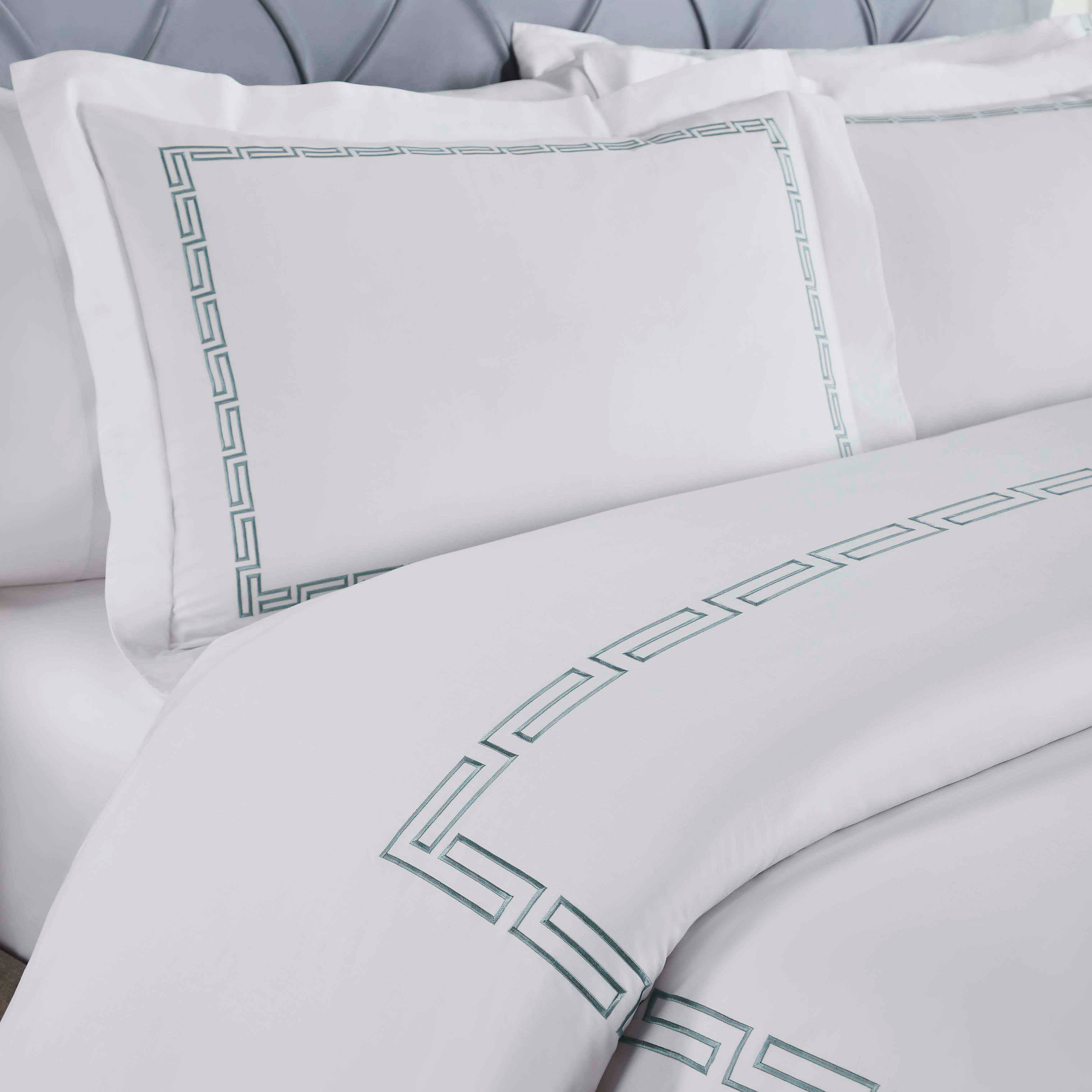 Harrison Cotton Greek Key Embroidered 3-Piece Duvet Cover Set - Queen Size, Luxury Bedding Set for Master Bedroom & Guest Room Decor