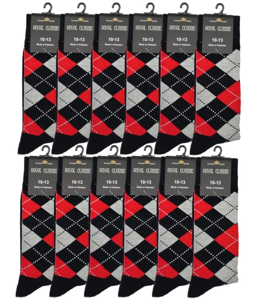 Men's Argyle Dress Socks - 12-Pack Groomsmen Essentials for Weddings & Formal Events (Sizes 10-13) - Pink, Purple & Christmas Red Patterns - Perfect for Business, Parties & Holiday Gifts